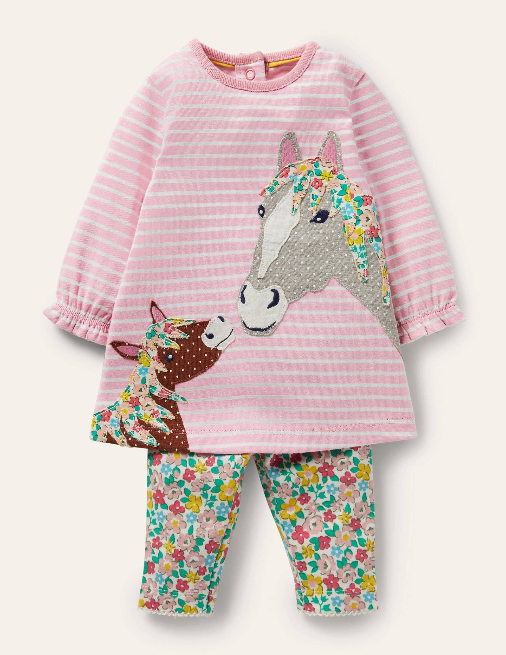 Jersey Dress and Legging Set-Boto Pink Spring Floral Horses-1
