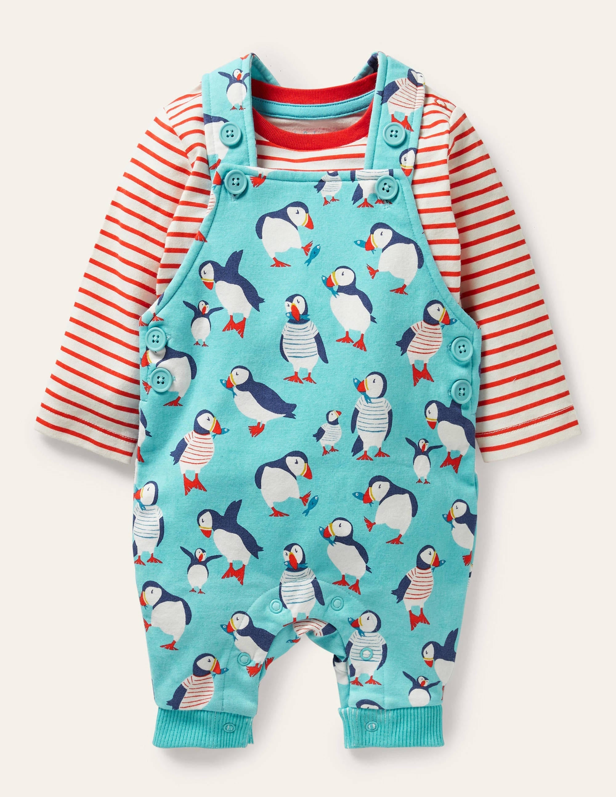Printed Jersey Dungaree Set-Aqua Blue Puffins - Image 1