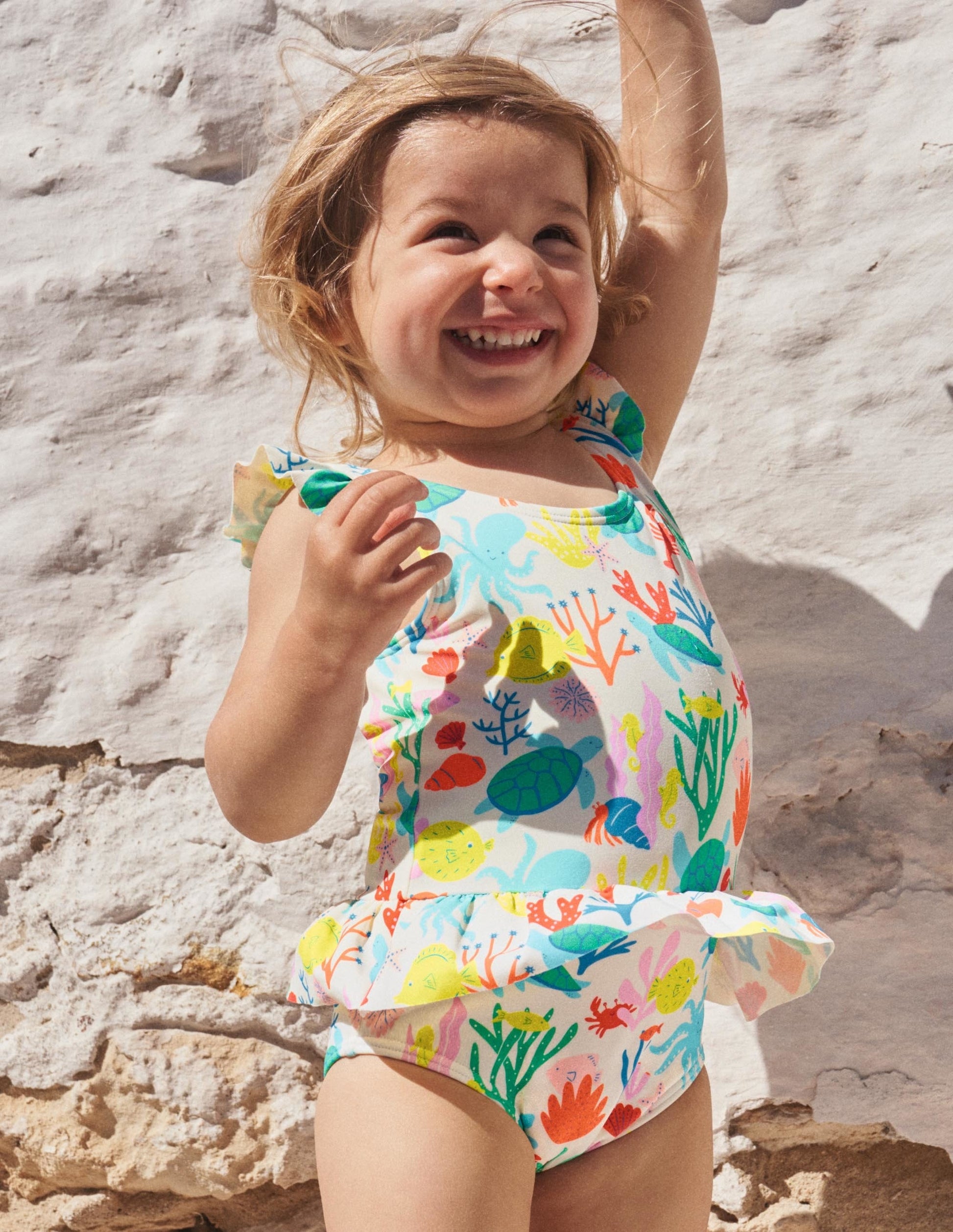 Pretty Frill Waist Swimsuit-Ivory Coral Reef-4