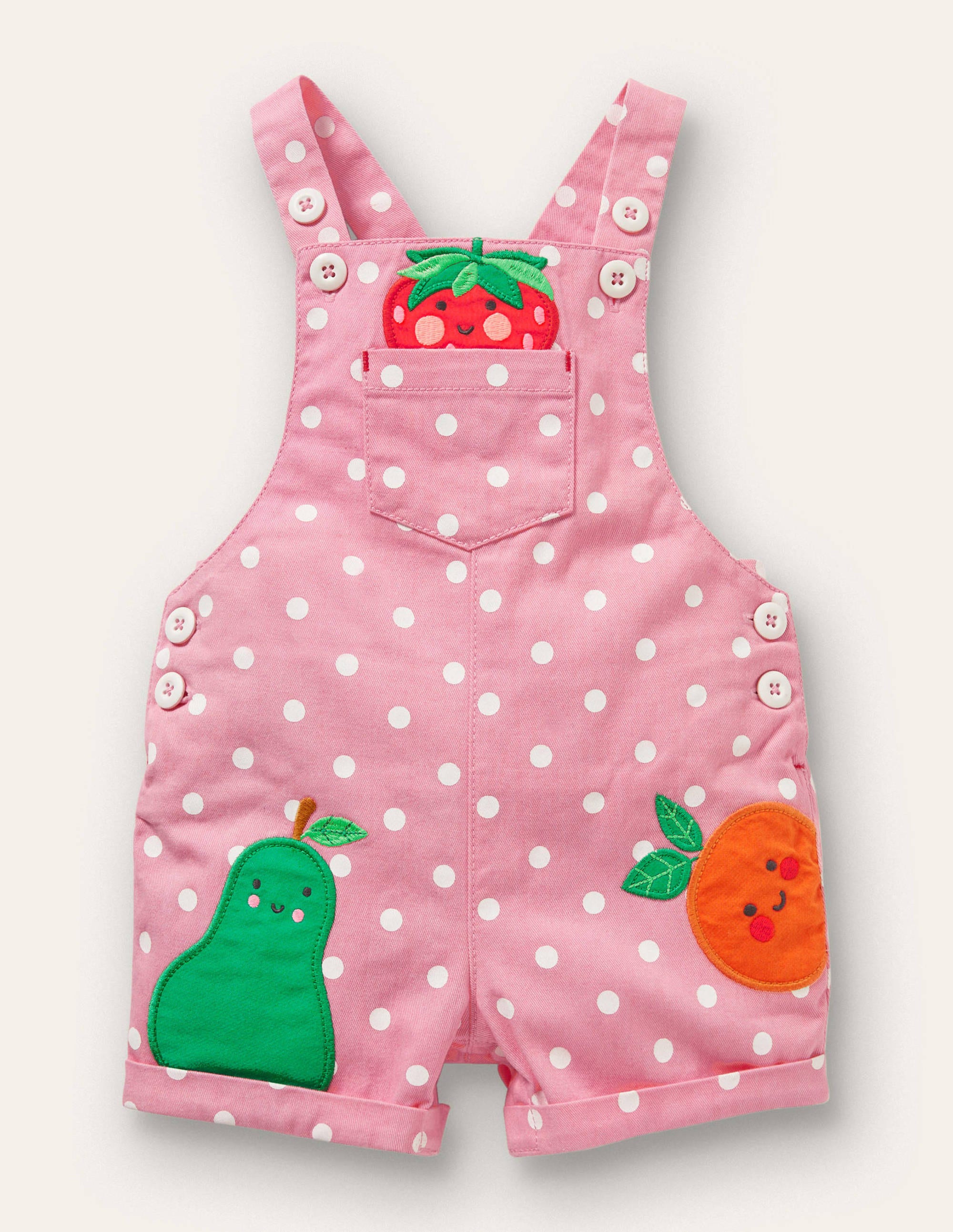 Short Woven Dungarees-Pink Spot Fruit - Image 1