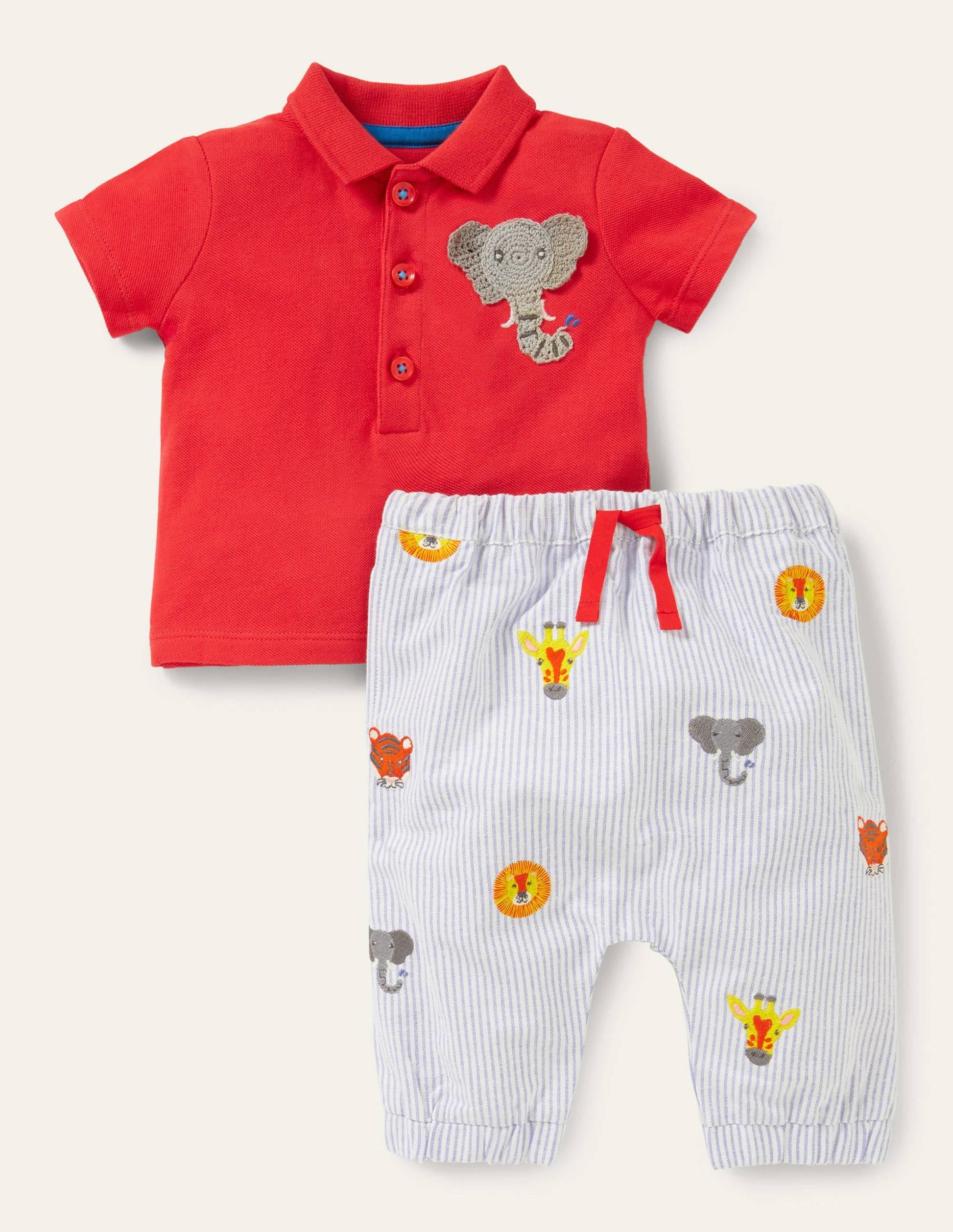 Piqué Polo and Trousers Set-Strawberry Tart Elephant-1