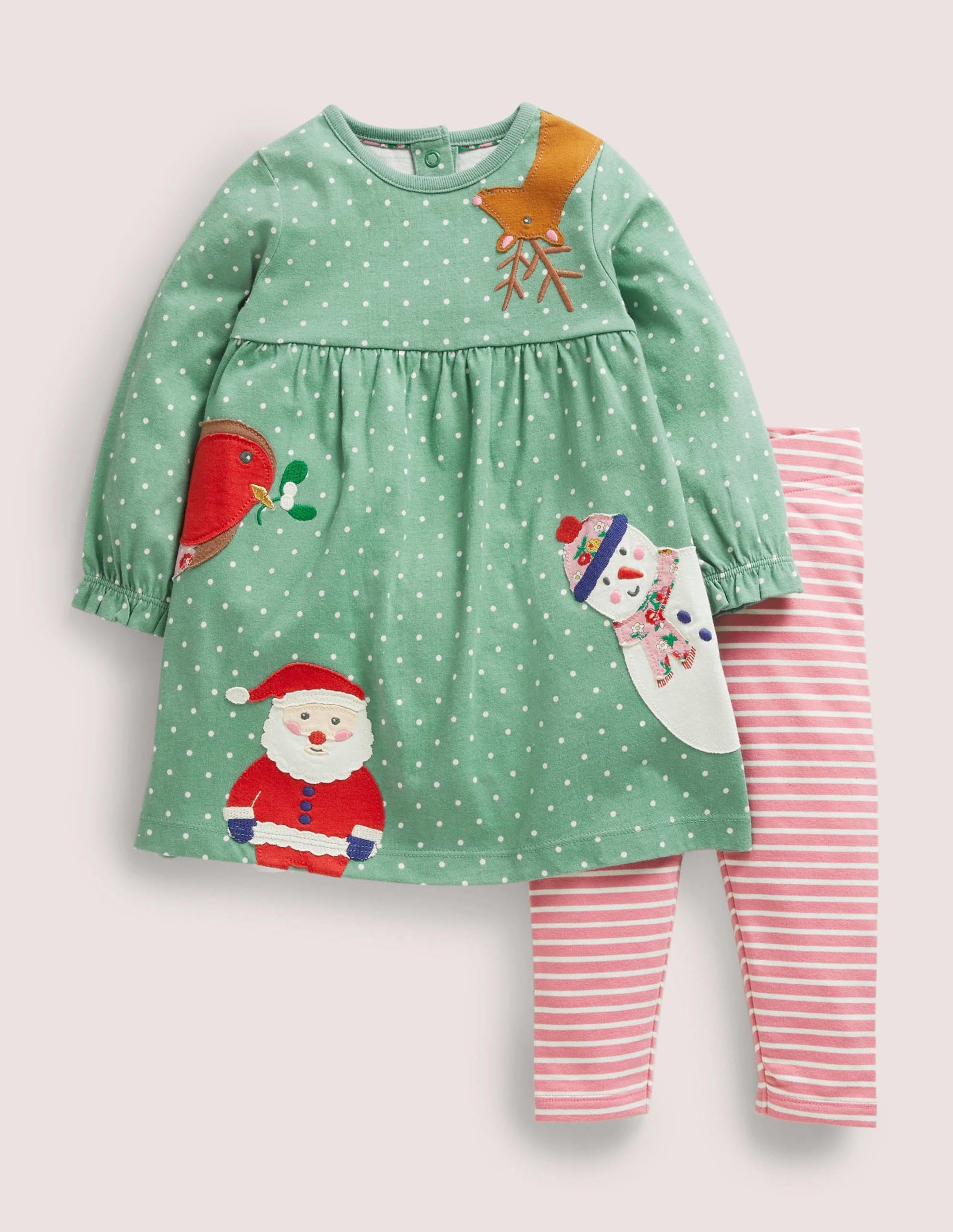 Appliqué Dress and Legging Set-Green Festive Friends-1