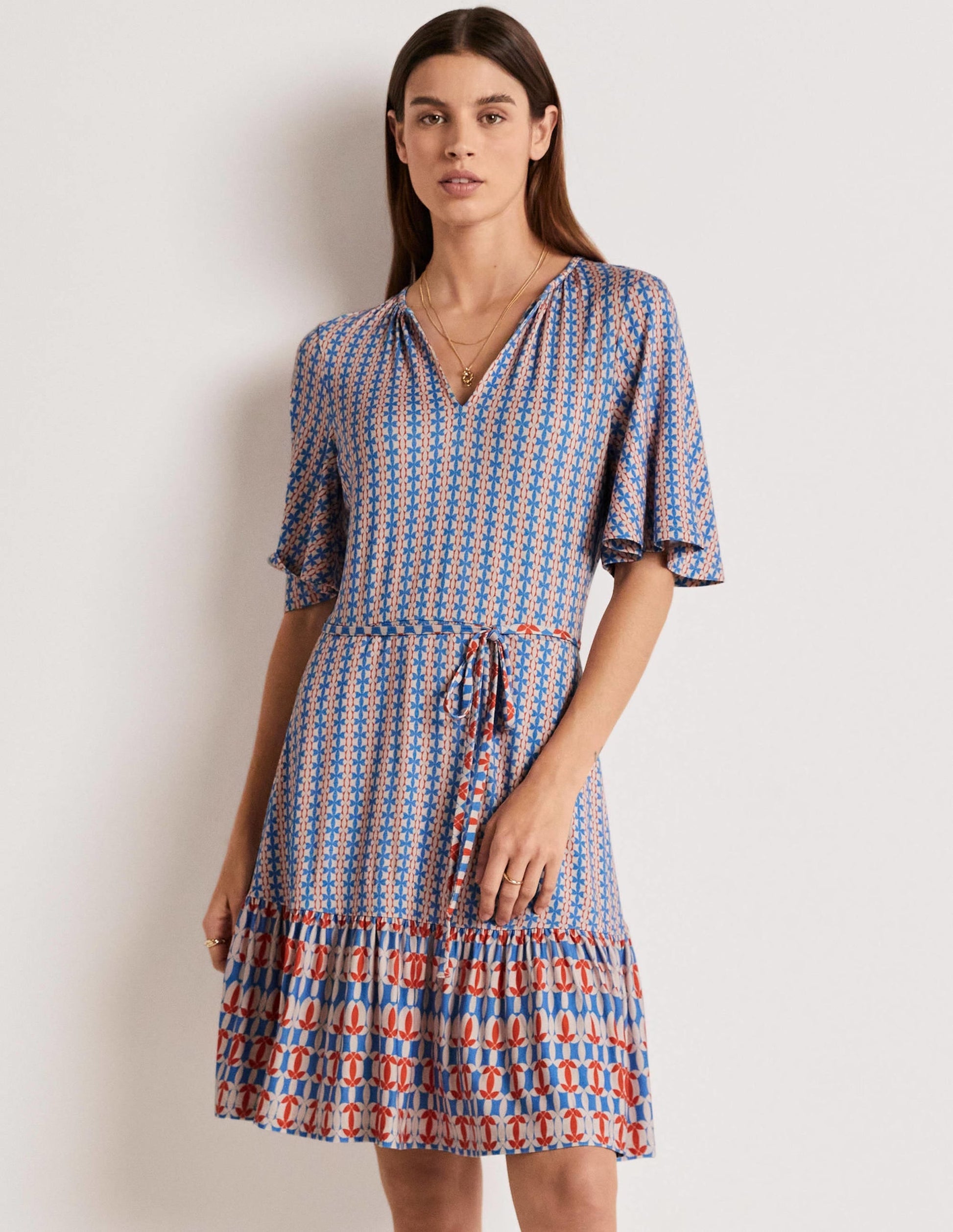 Notch Neck Tiered Jersey Dress-Mosaic Blue, Petal Geo-1
