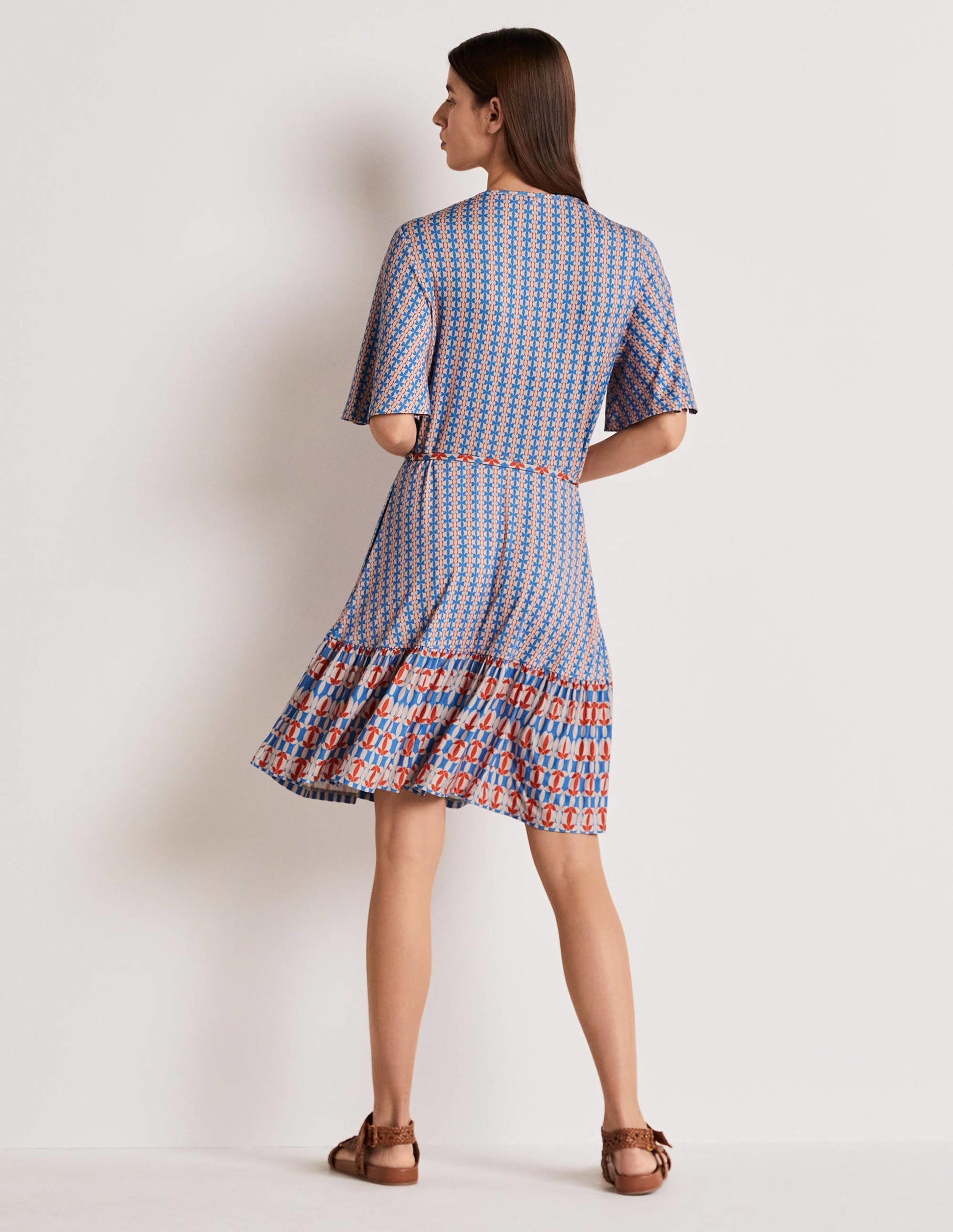 Notch Neck Tiered Jersey Dress-Mosaic Blue, Petal Geo-3