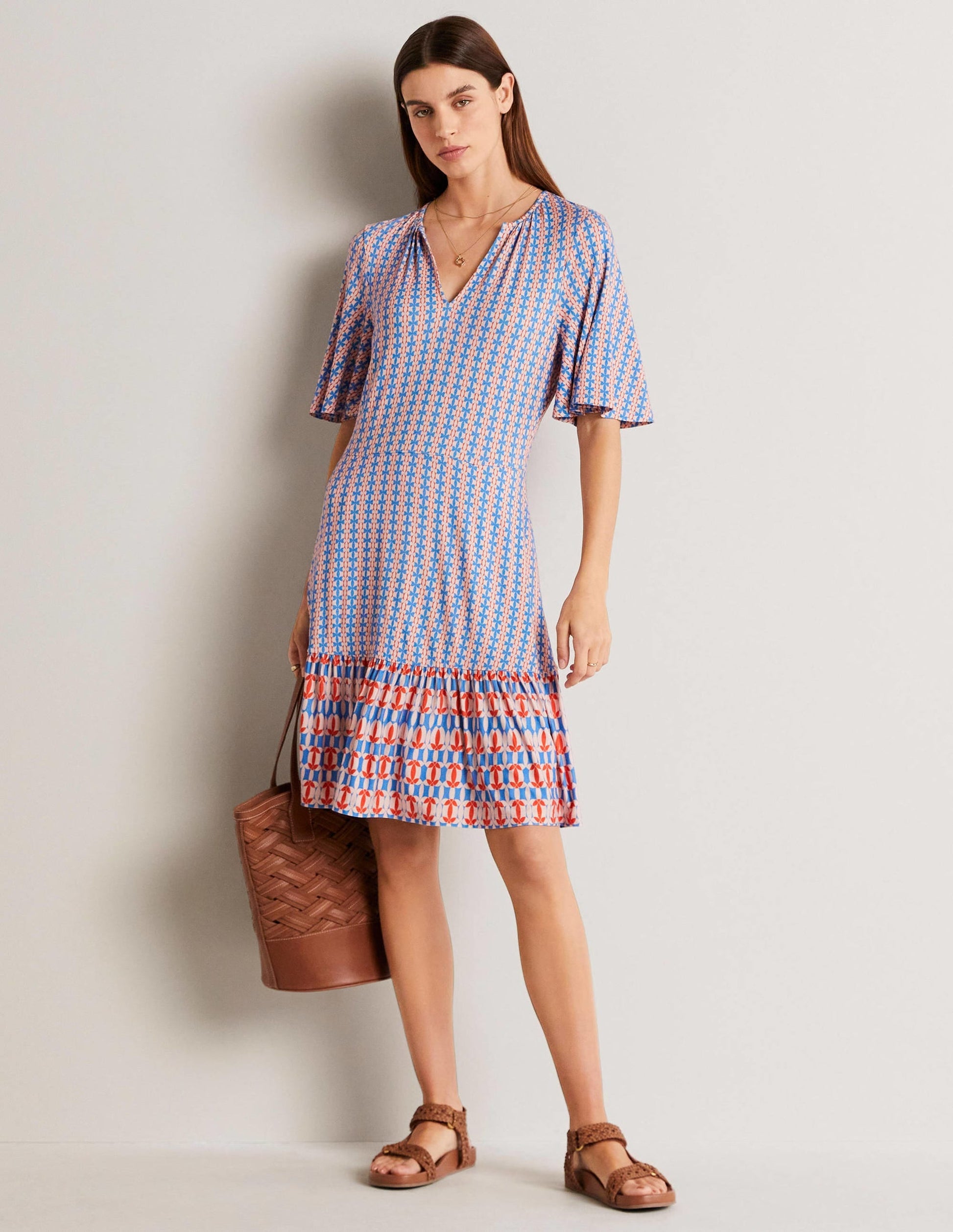 Notch Neck Tiered Jersey Dress-Mosaic Blue, Petal Geo-5