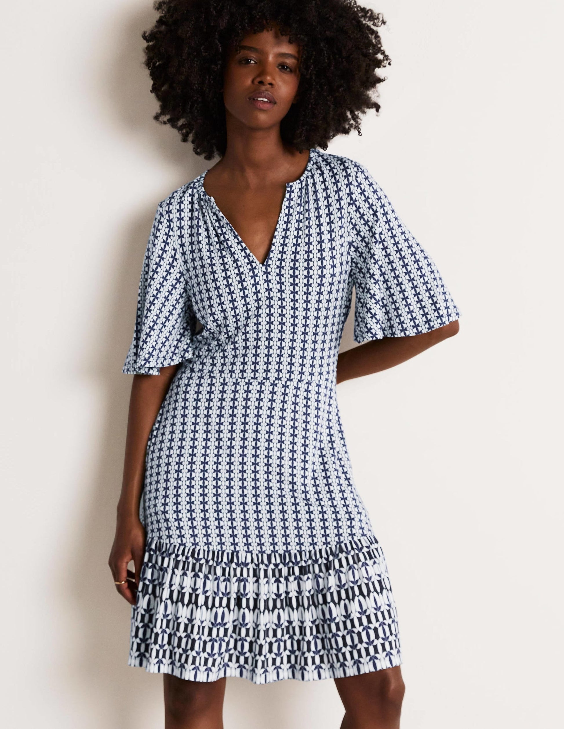 Notch Neck Tiered Jersey Dress-French Navy, Petal Geo-1