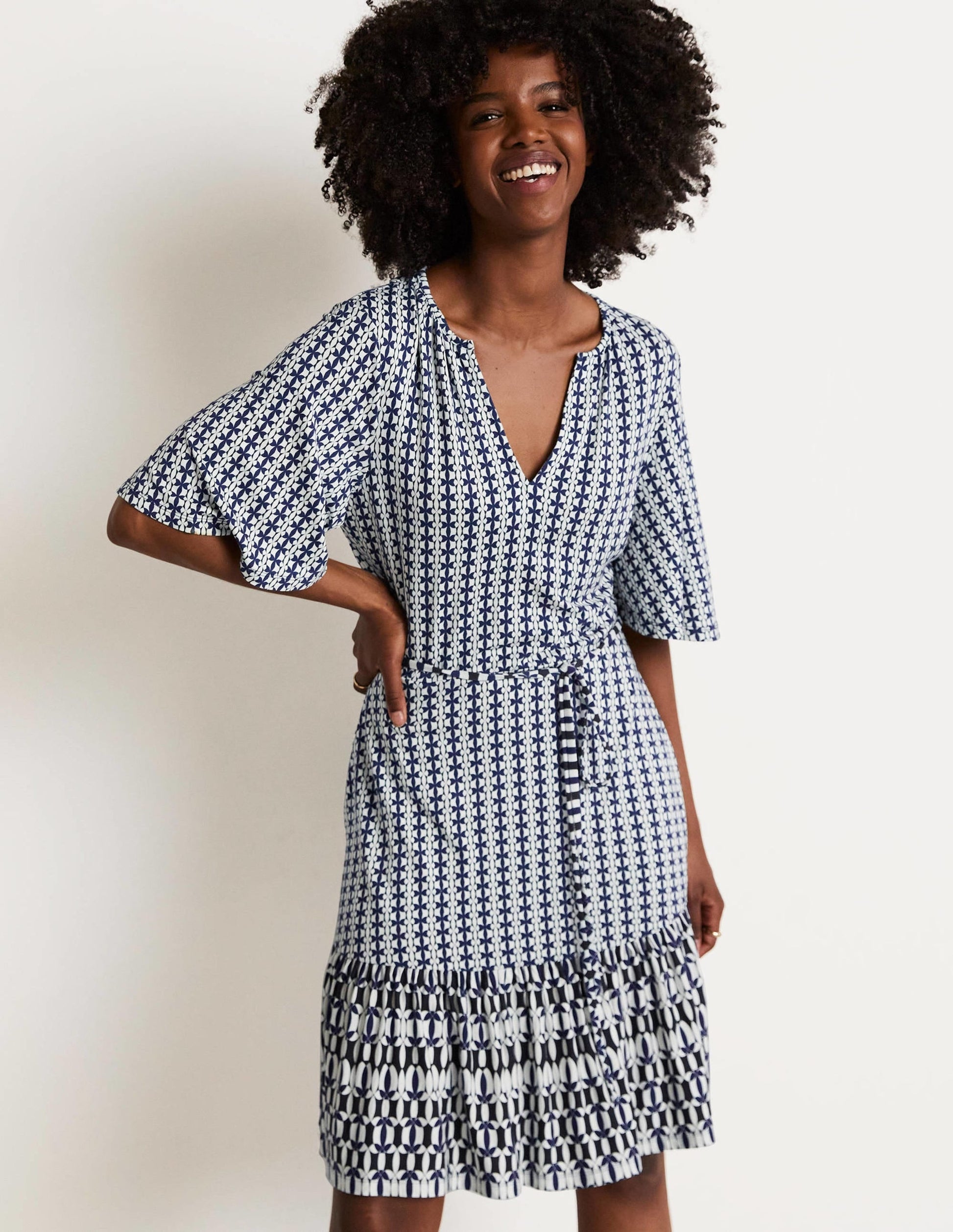 Notch Neck Tiered Jersey Dress-French Navy, Petal Geo-4