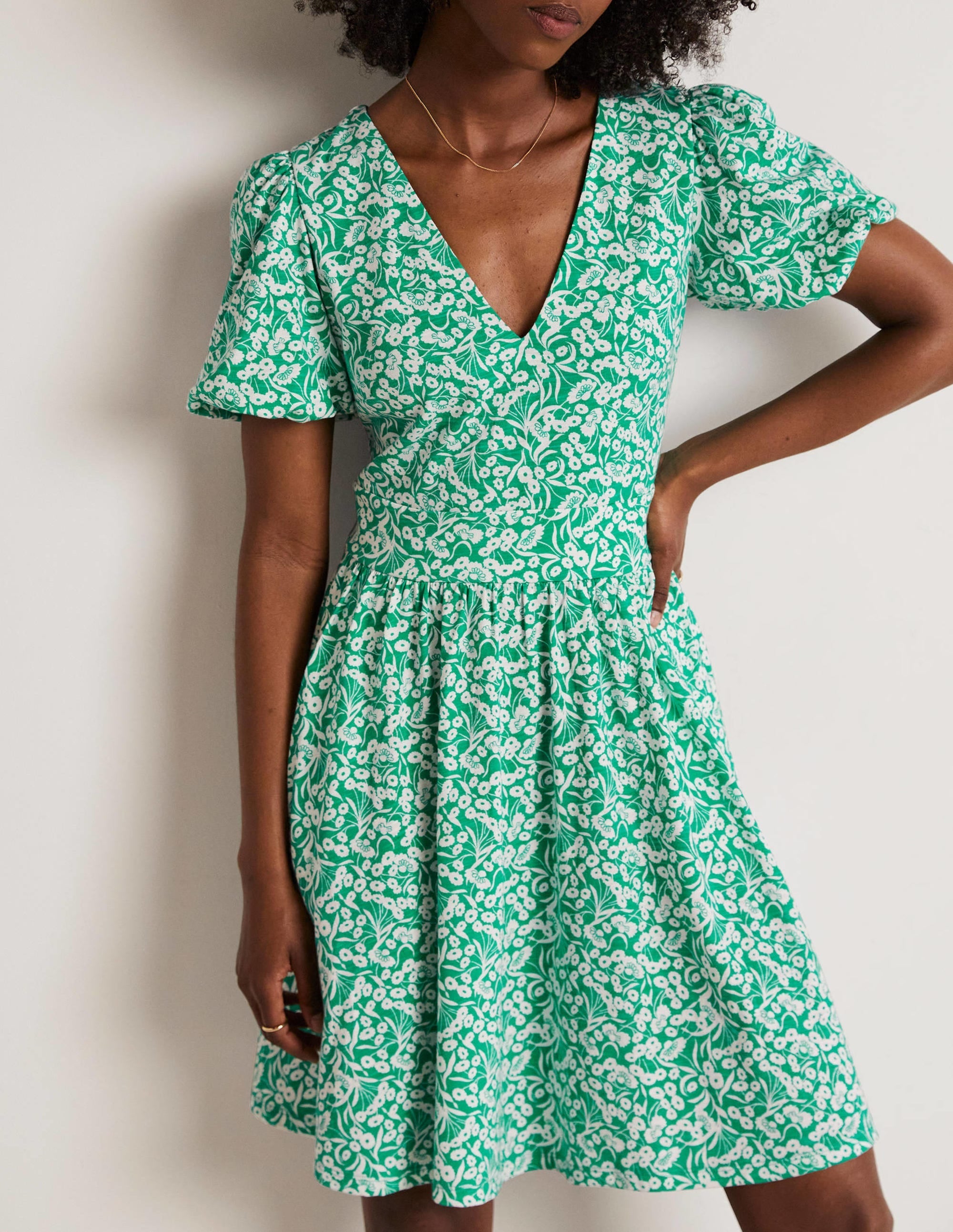Back Detail Jersey Mini Dress-Emerald, Floret Bud - Image 9