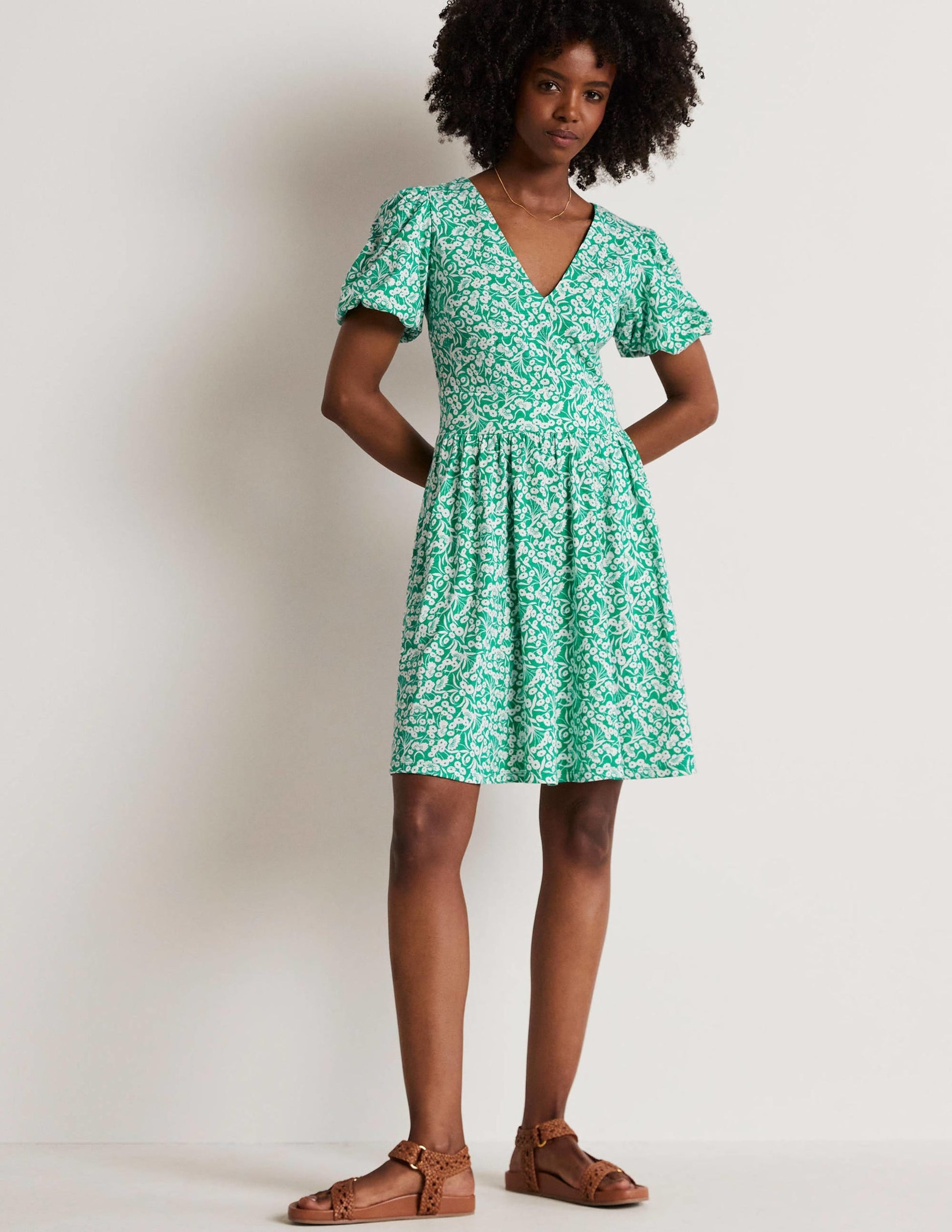 Back Detail Jersey Mini Dress-Emerald, Floret Bud-1