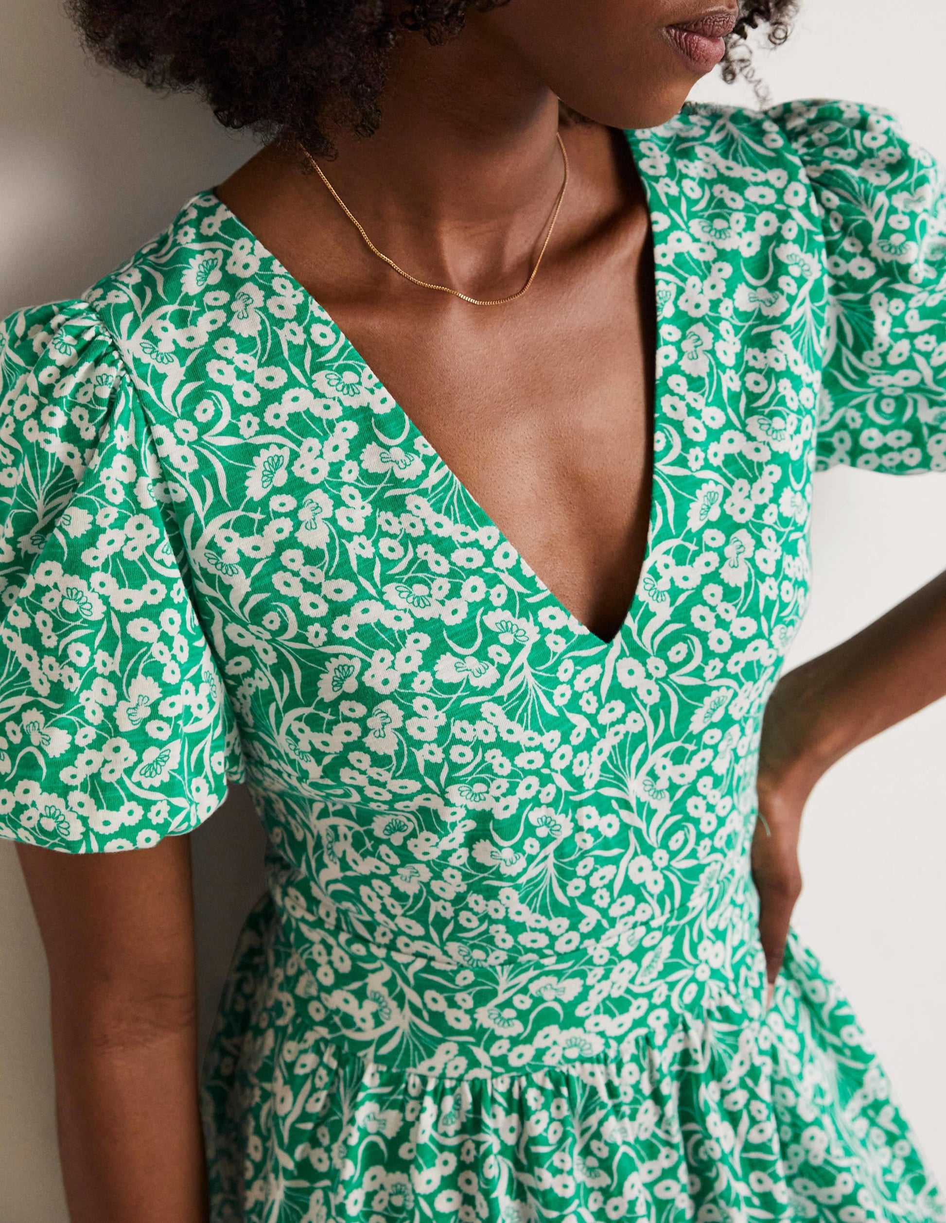 Back Detail Jersey Mini Dress-Emerald, Floret Bud-2