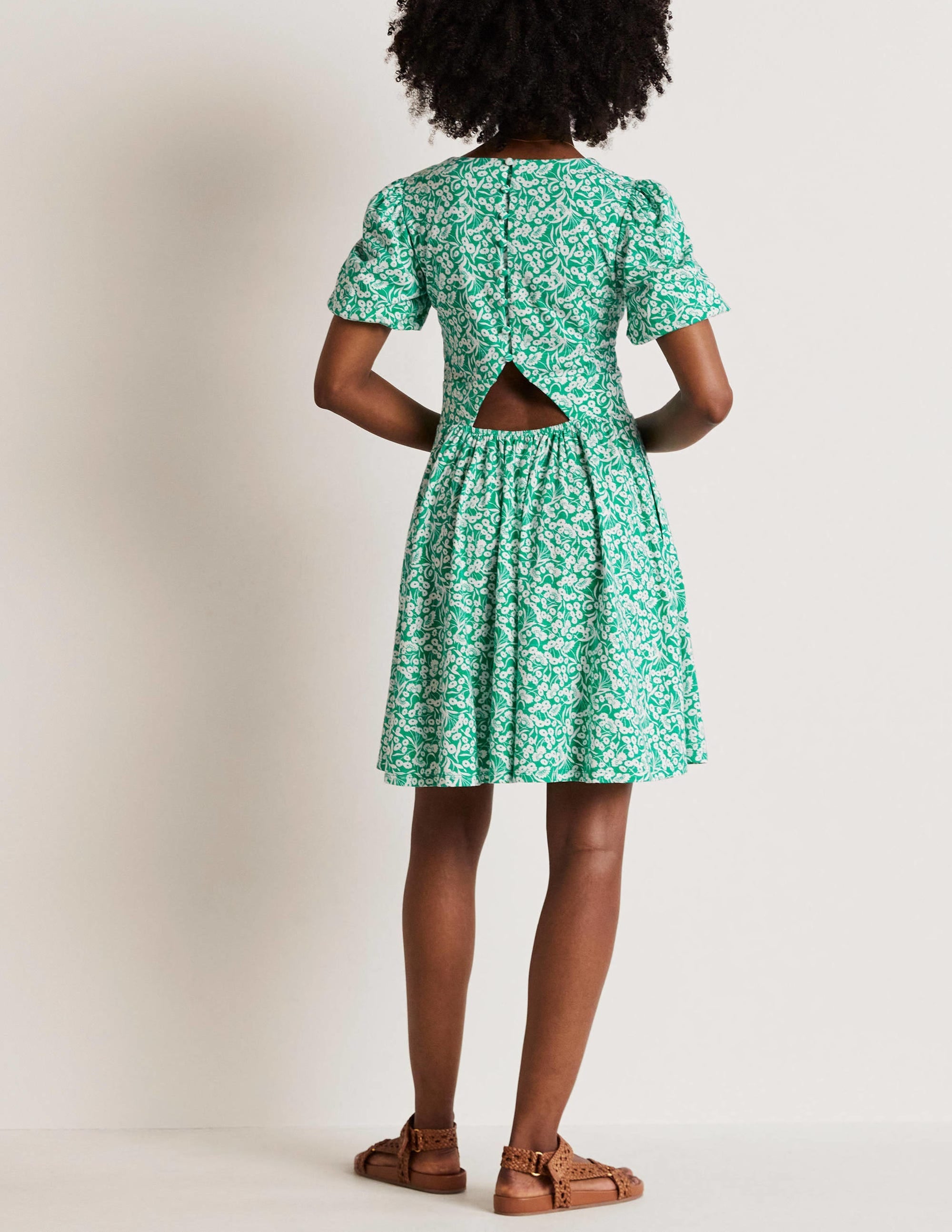 Back Detail Jersey Mini Dress-Emerald, Floret Bud - Image 3
