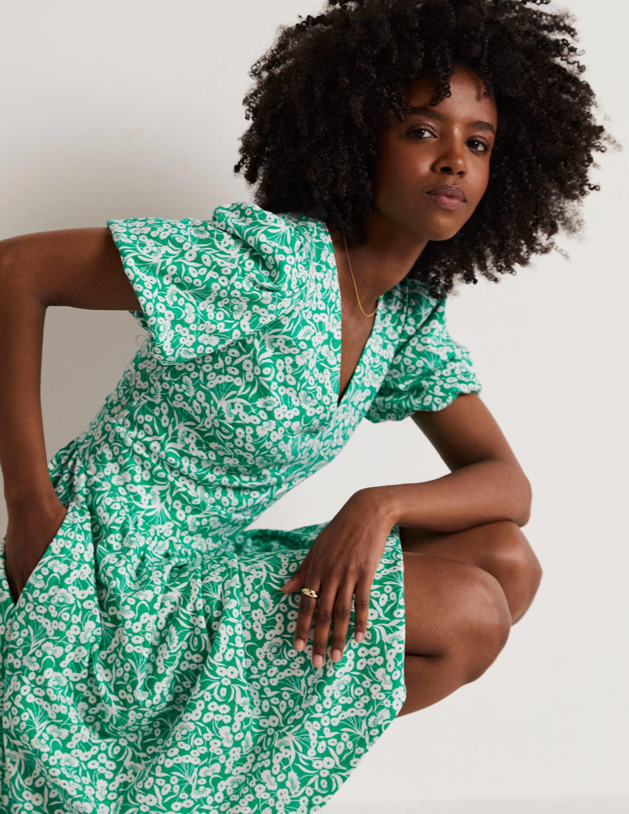 Back Detail Jersey Mini Dress-Emerald, Floret Bud - Image 5