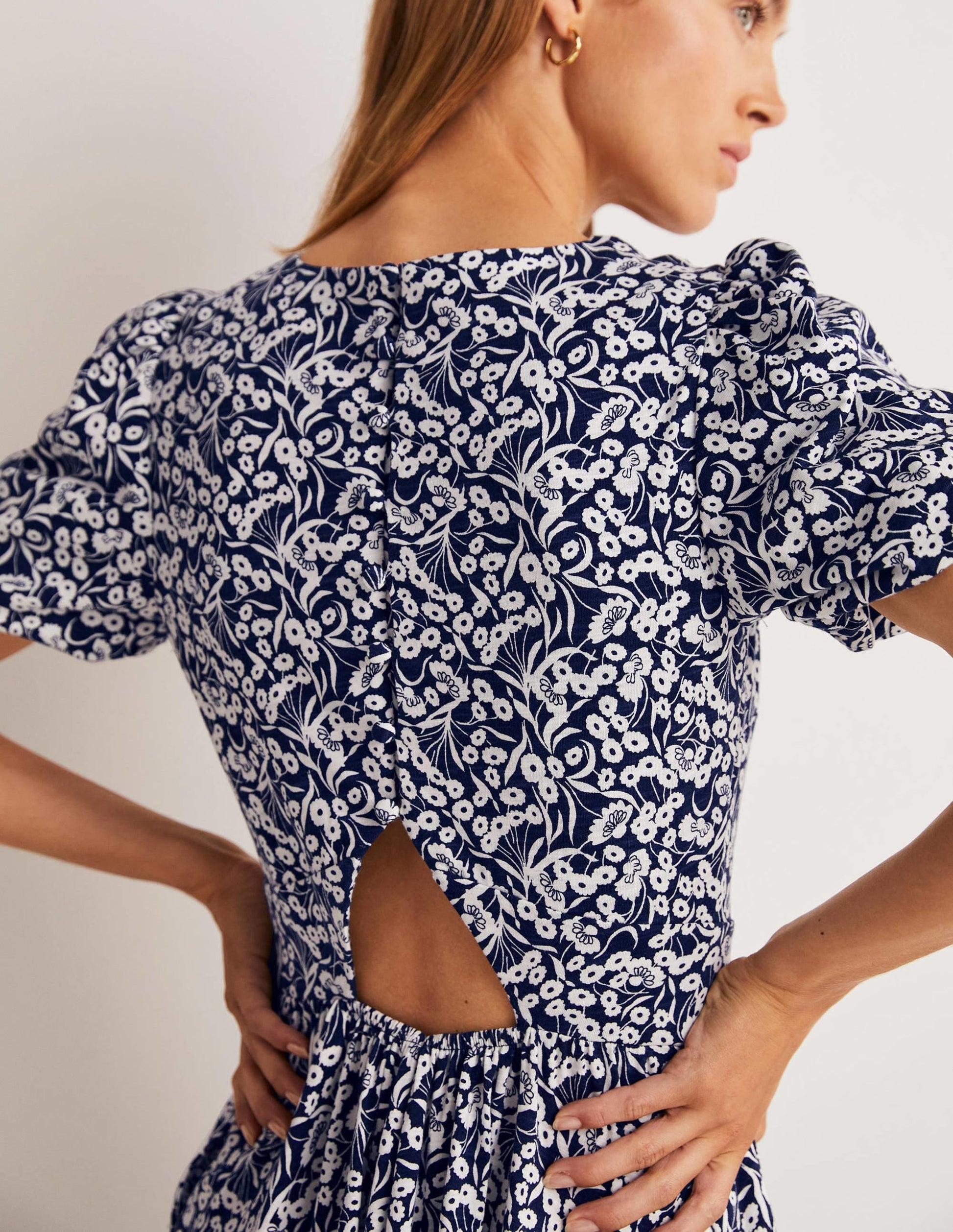 Back Detail Jersey Mini Dress-Navy, Floret Bud-5