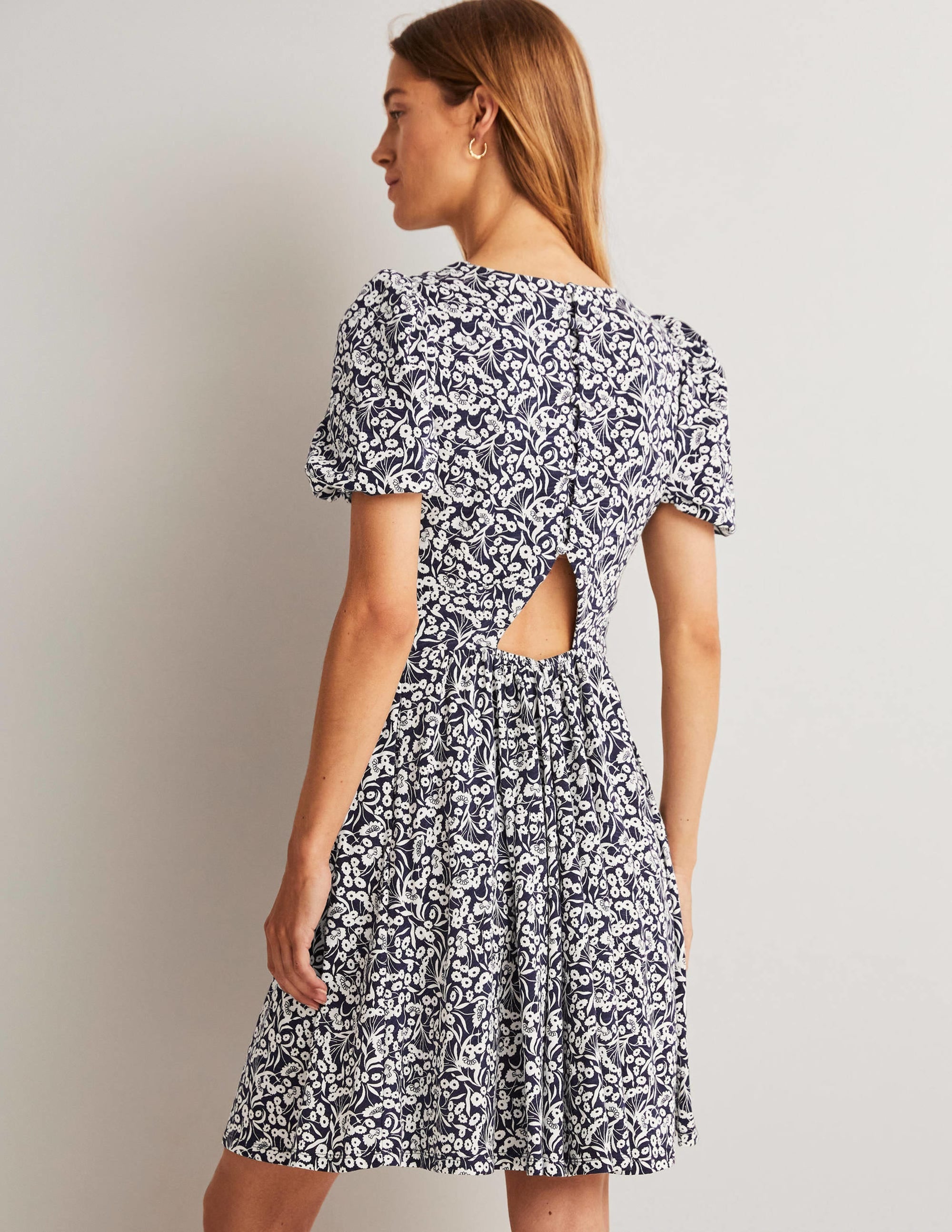 Back Detail Jersey Mini Dress-Navy, Floret Bud - Image 6
