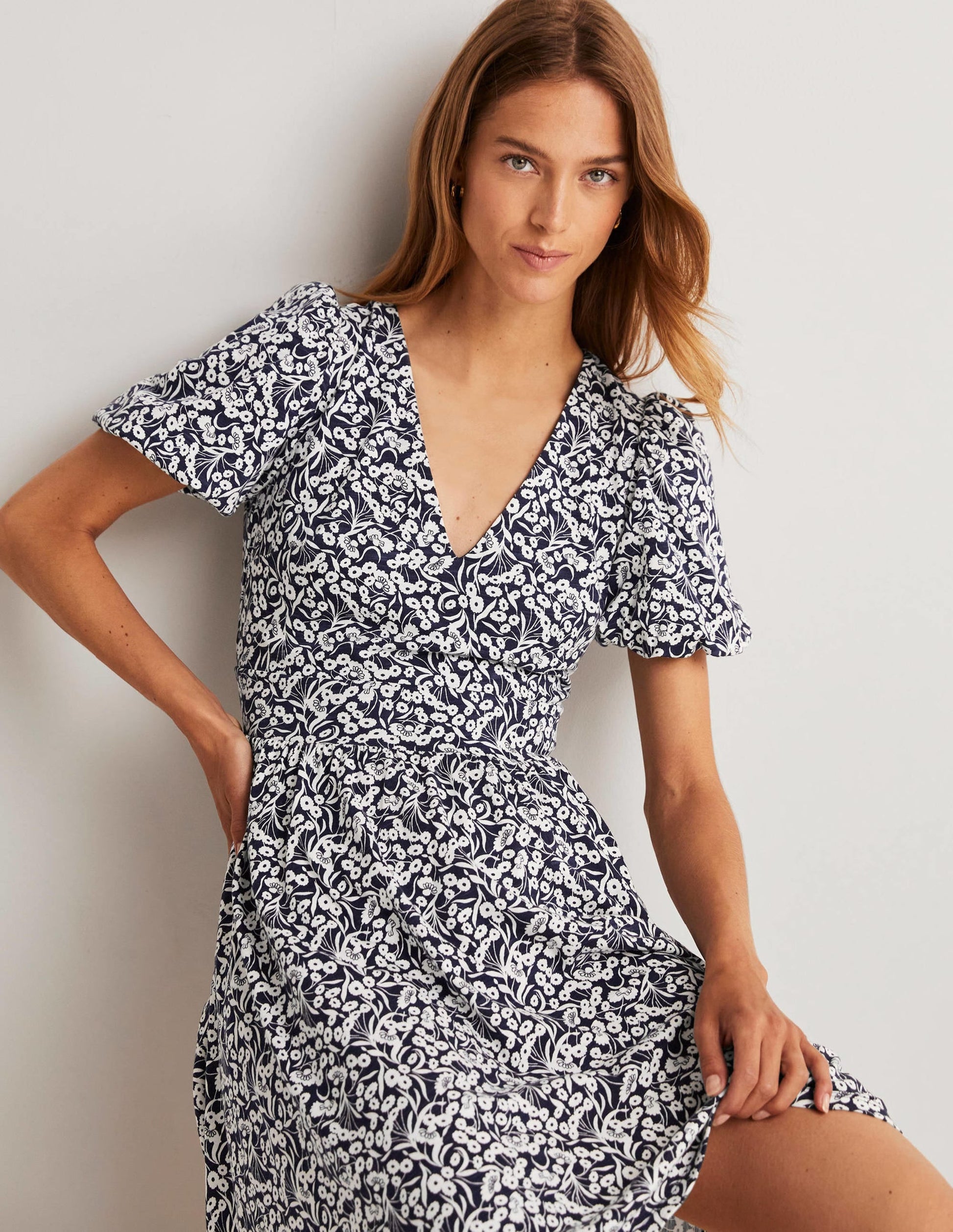 Back Detail Jersey Mini Dress-Navy, Floret Bud-7