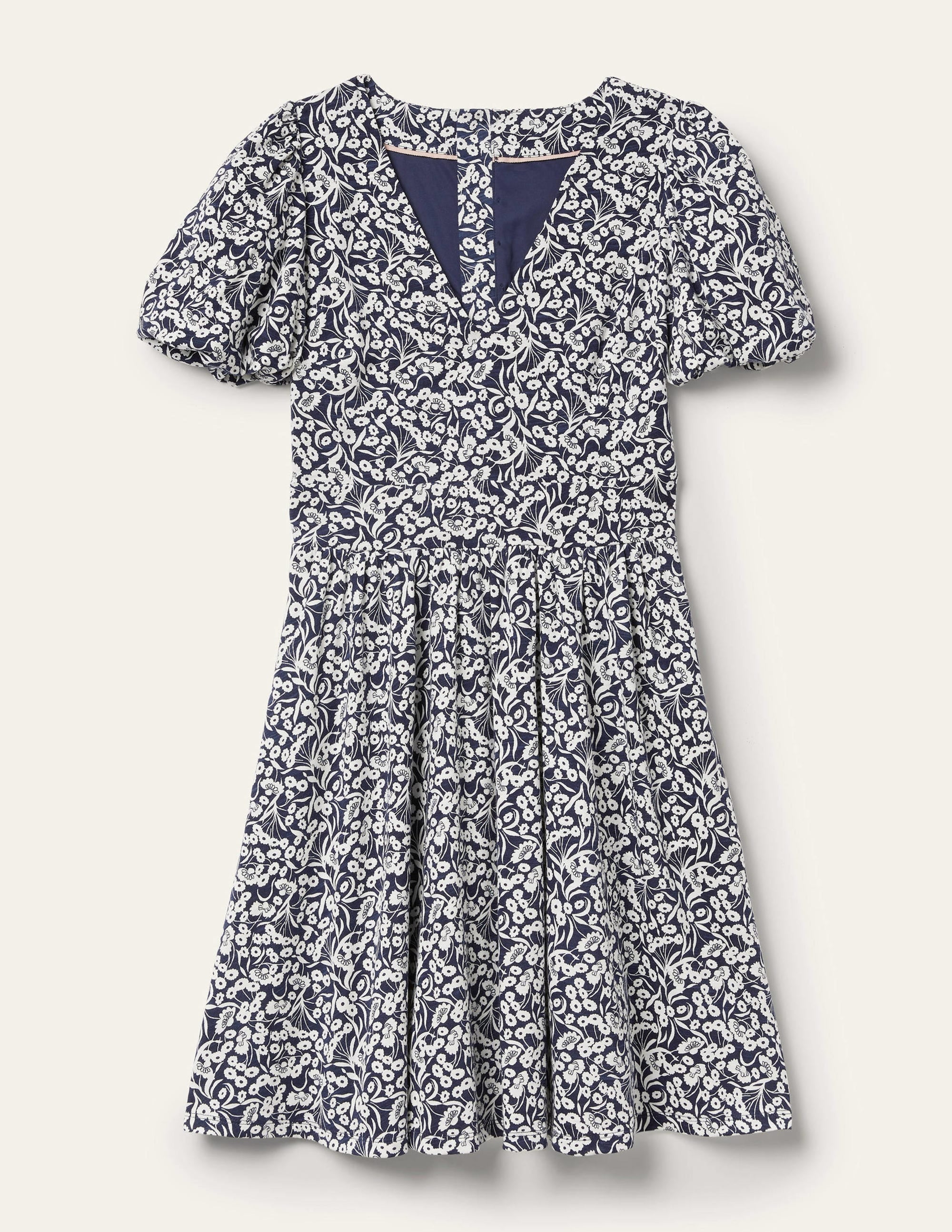 Back Detail Jersey Mini Dress-Navy, Floret Bud - Image 9