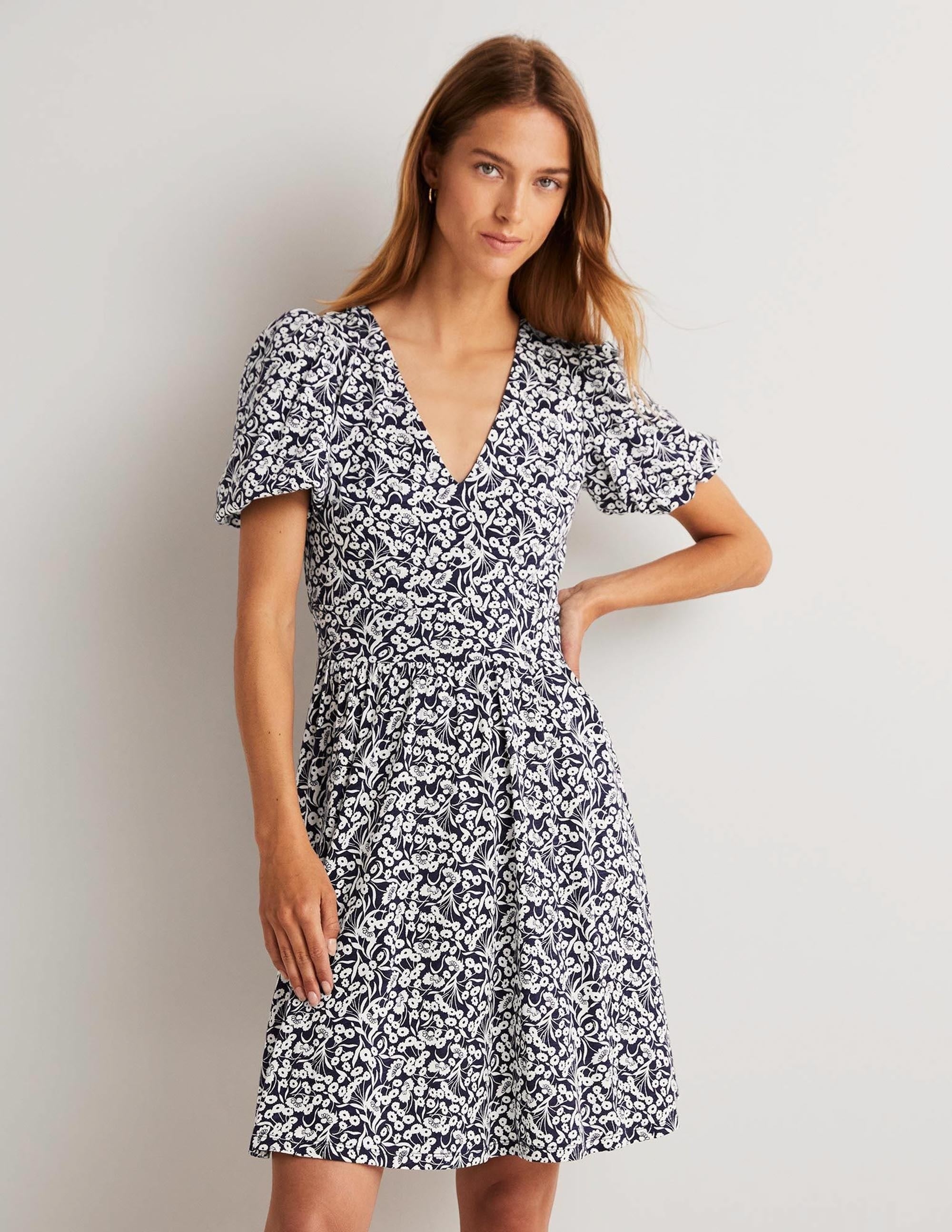 Back Detail Jersey Mini Dress-Navy, Floret Bud - Image 1
