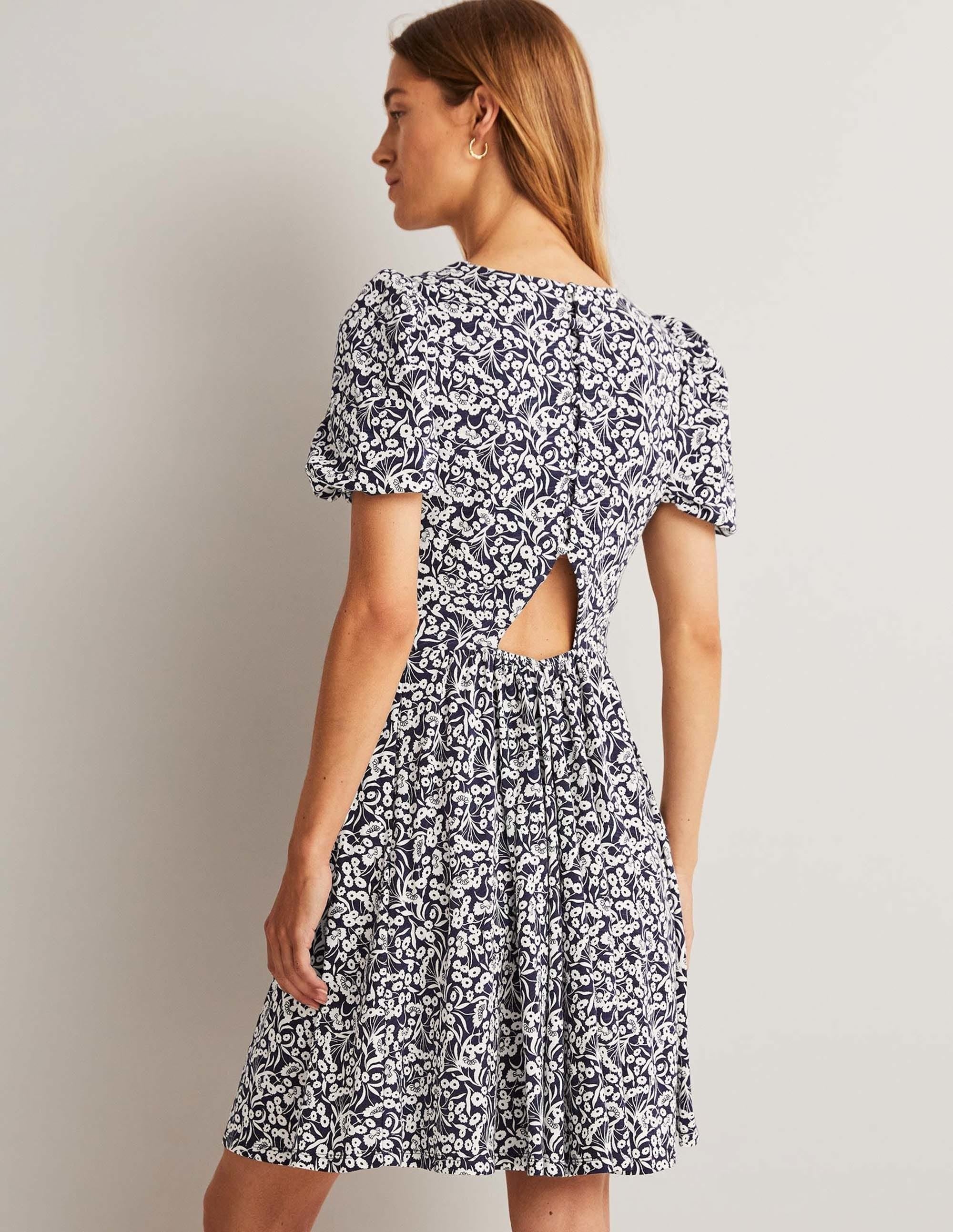 Back Detail Jersey Mini Dress-Navy, Floret Bud - Image 3