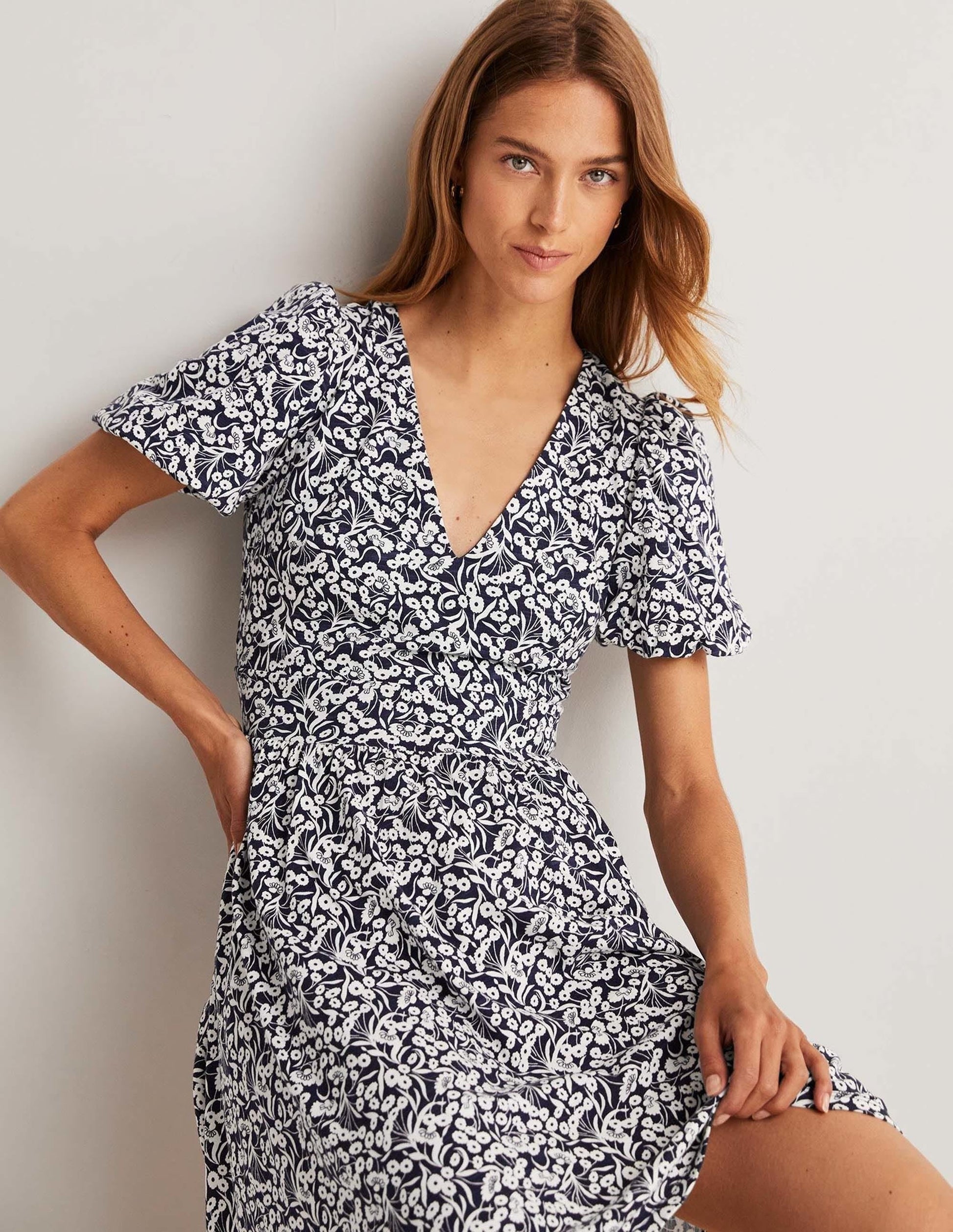 Back Detail Jersey Mini Dress-Navy, Floret Bud-4
