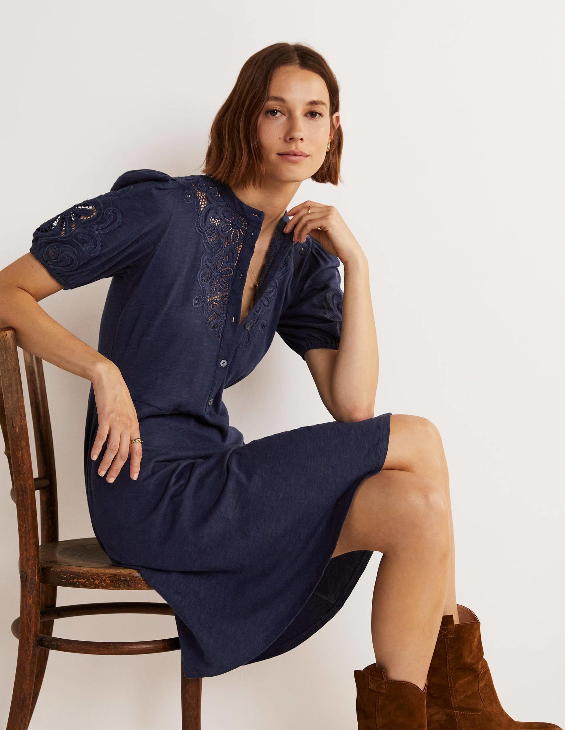 Embroidered Jersey Shirt Dress-Navy-11
