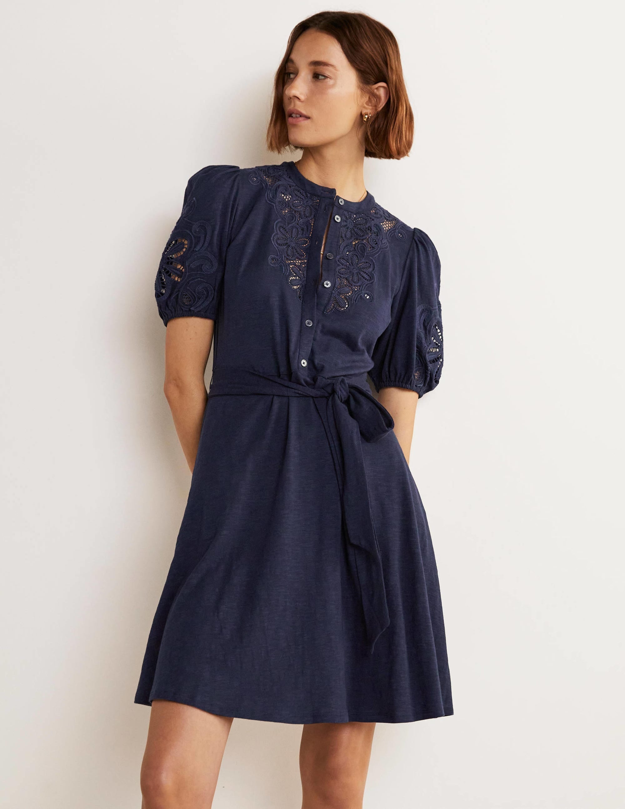 Embroidered Jersey Shirt Dress-Navy - Image 7