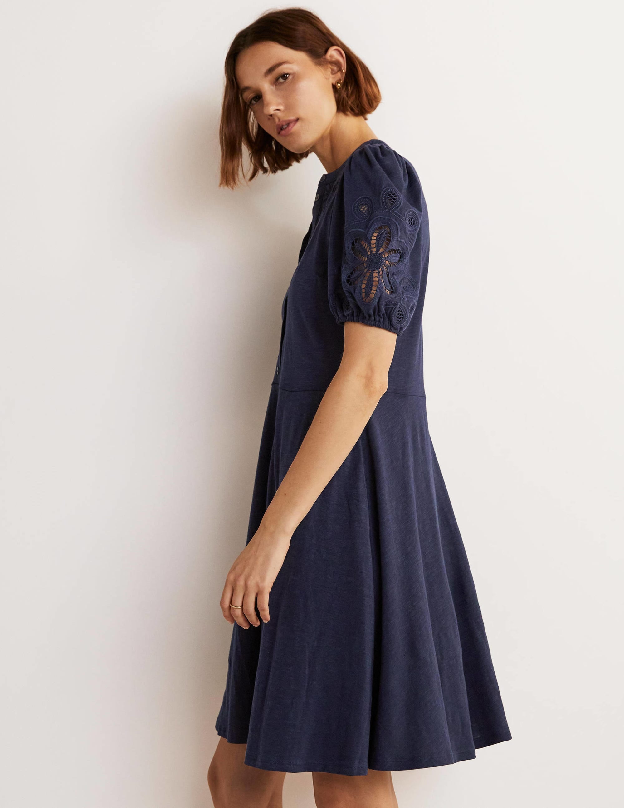 Embroidered Jersey Shirt Dress-Navy - Image 4