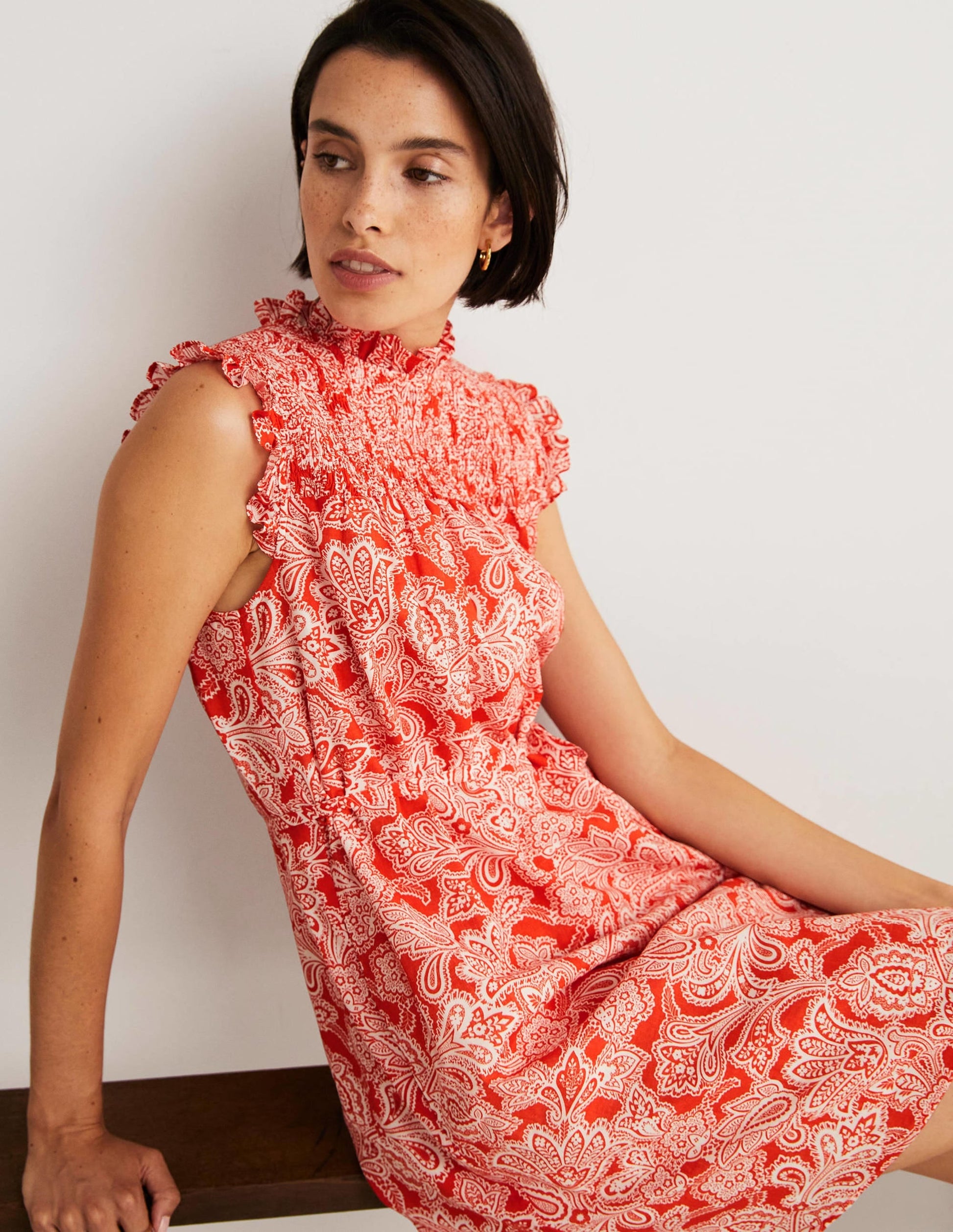 Sleeveless Smocked Mini Dress-Firecracker, Paisley Bud-9