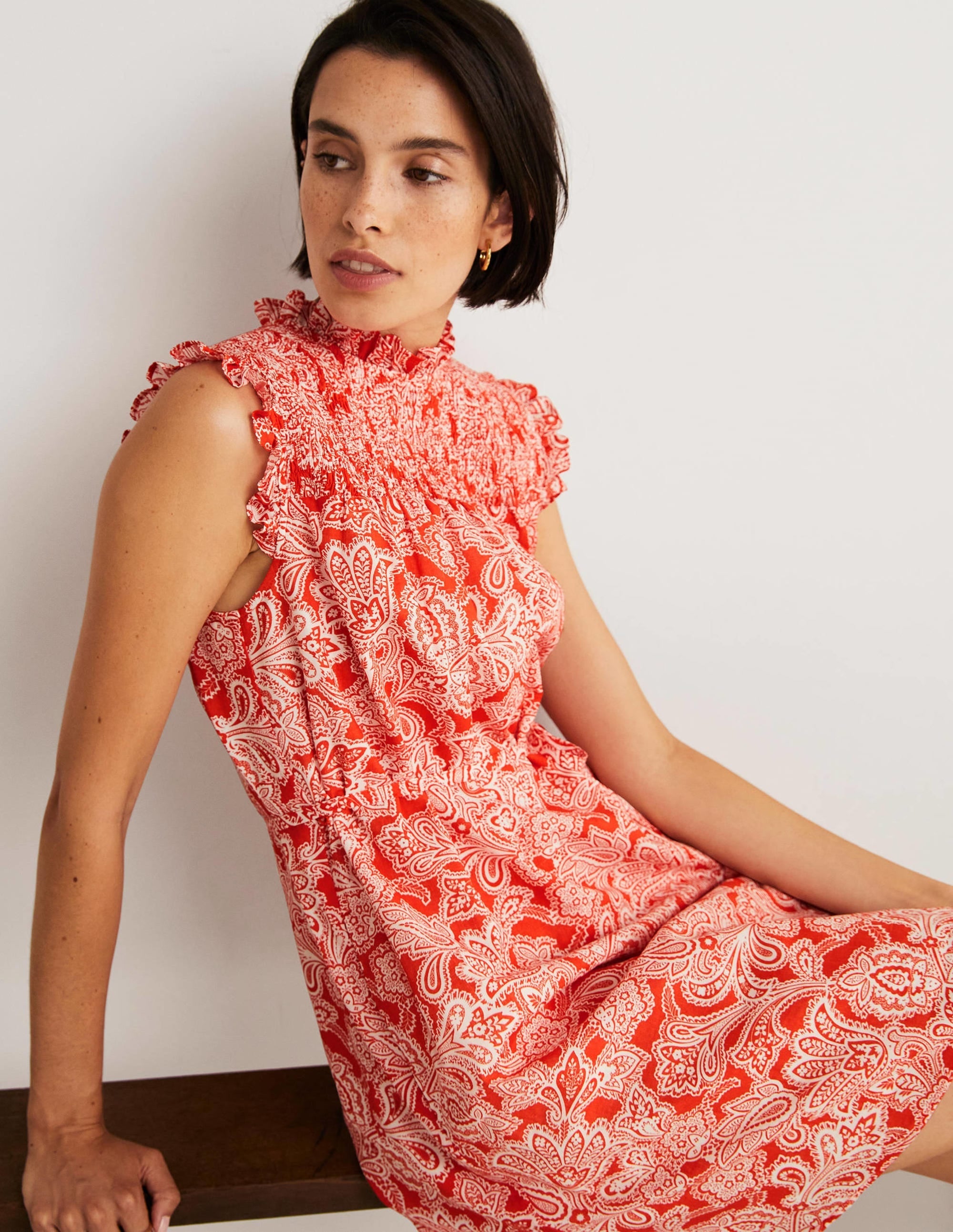 Sleeveless Smocked Mini Dress-Firecracker, Paisley Bud - Image 9