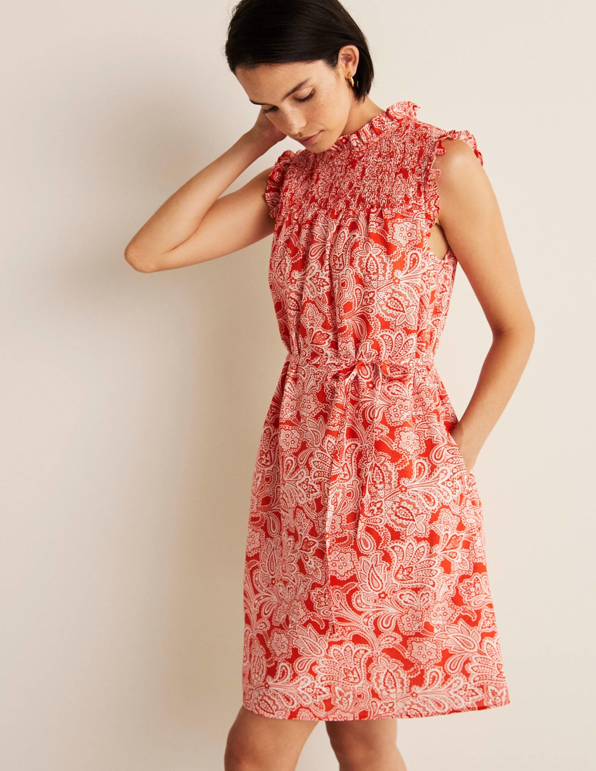 Sleeveless Smocked Mini Dress-Firecracker, Paisley Bud - Image 1