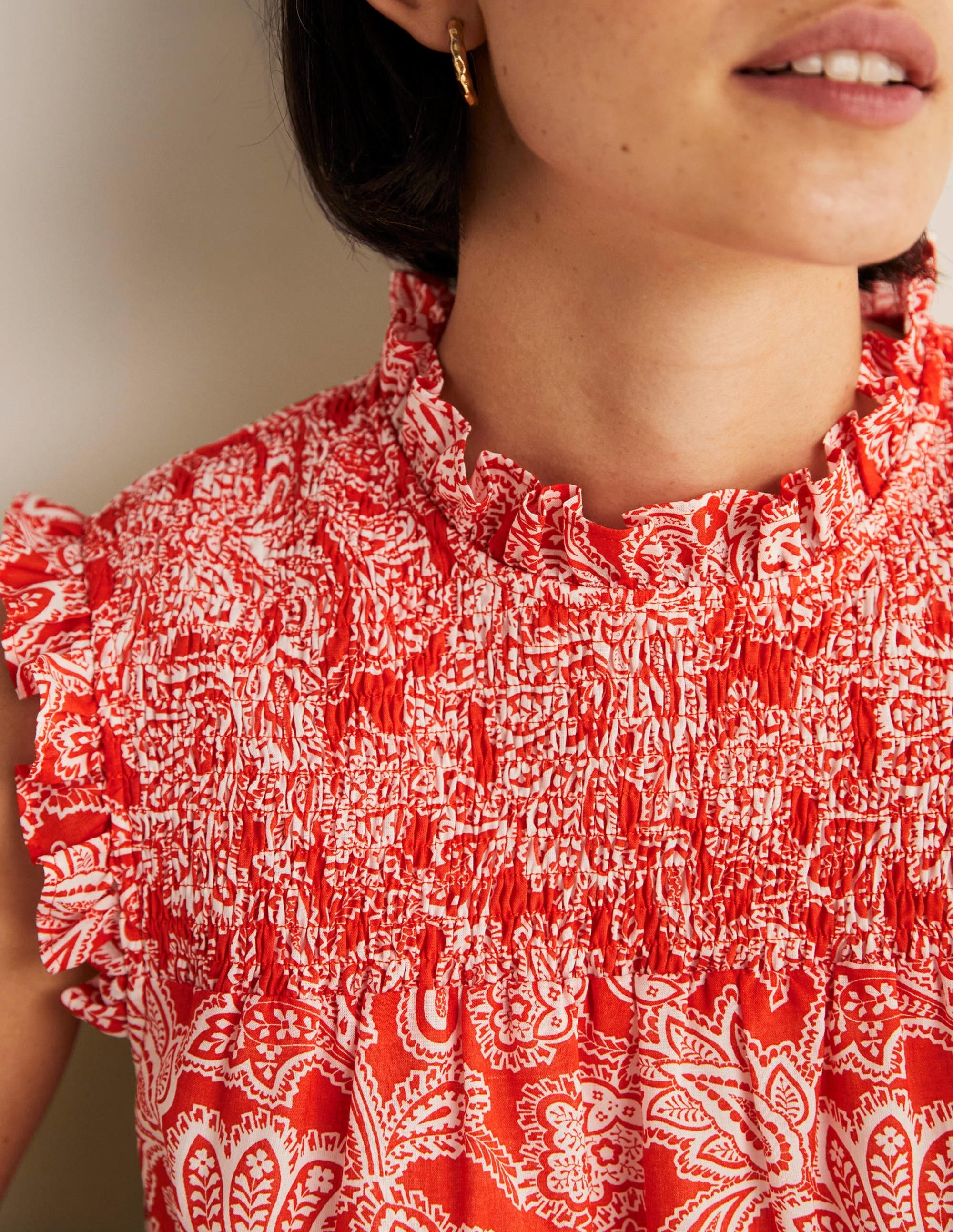Sleeveless Smocked Mini Dress-Firecracker, Paisley Bud - Image 2