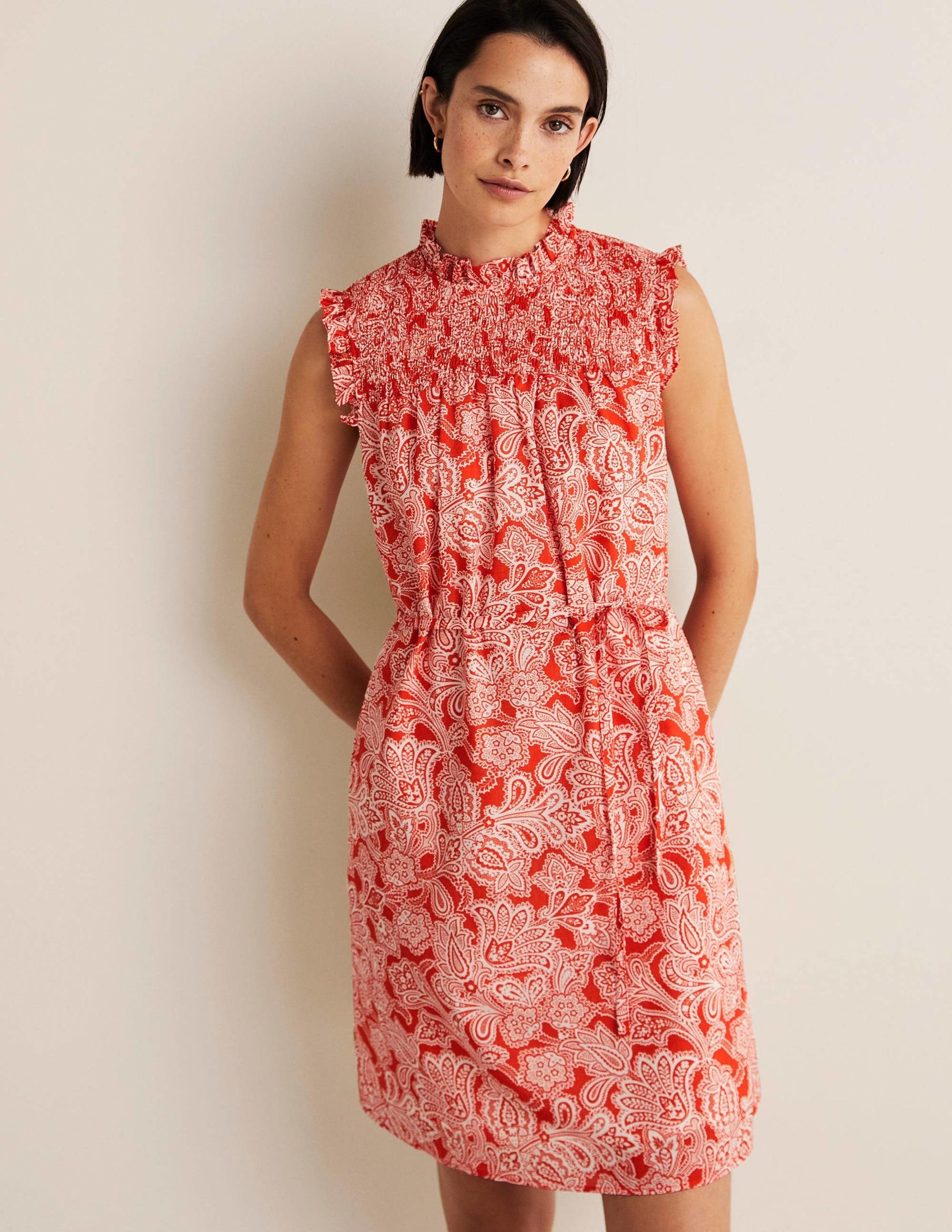 Sleeveless Smocked Mini Dress-Firecracker, Paisley Bud - Image 4