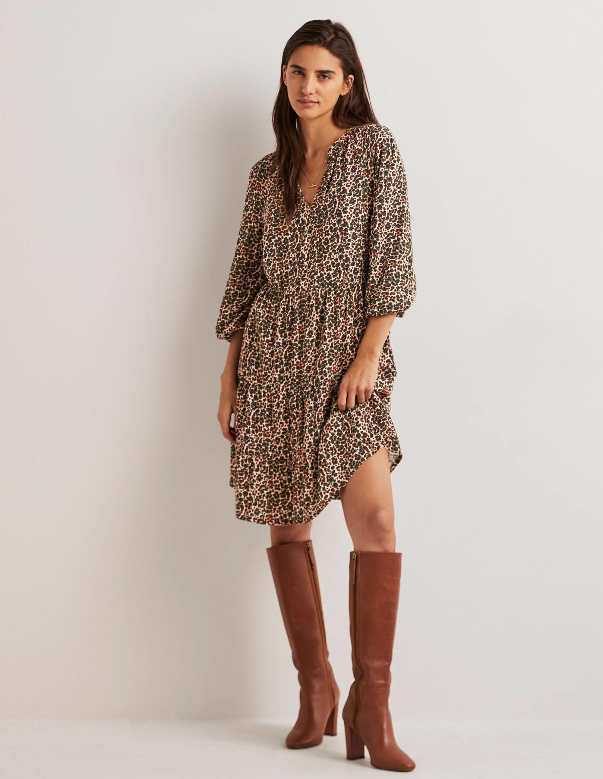 Notch Neck Tiered Dress-Milkshake, Abstract Bud - Image 1