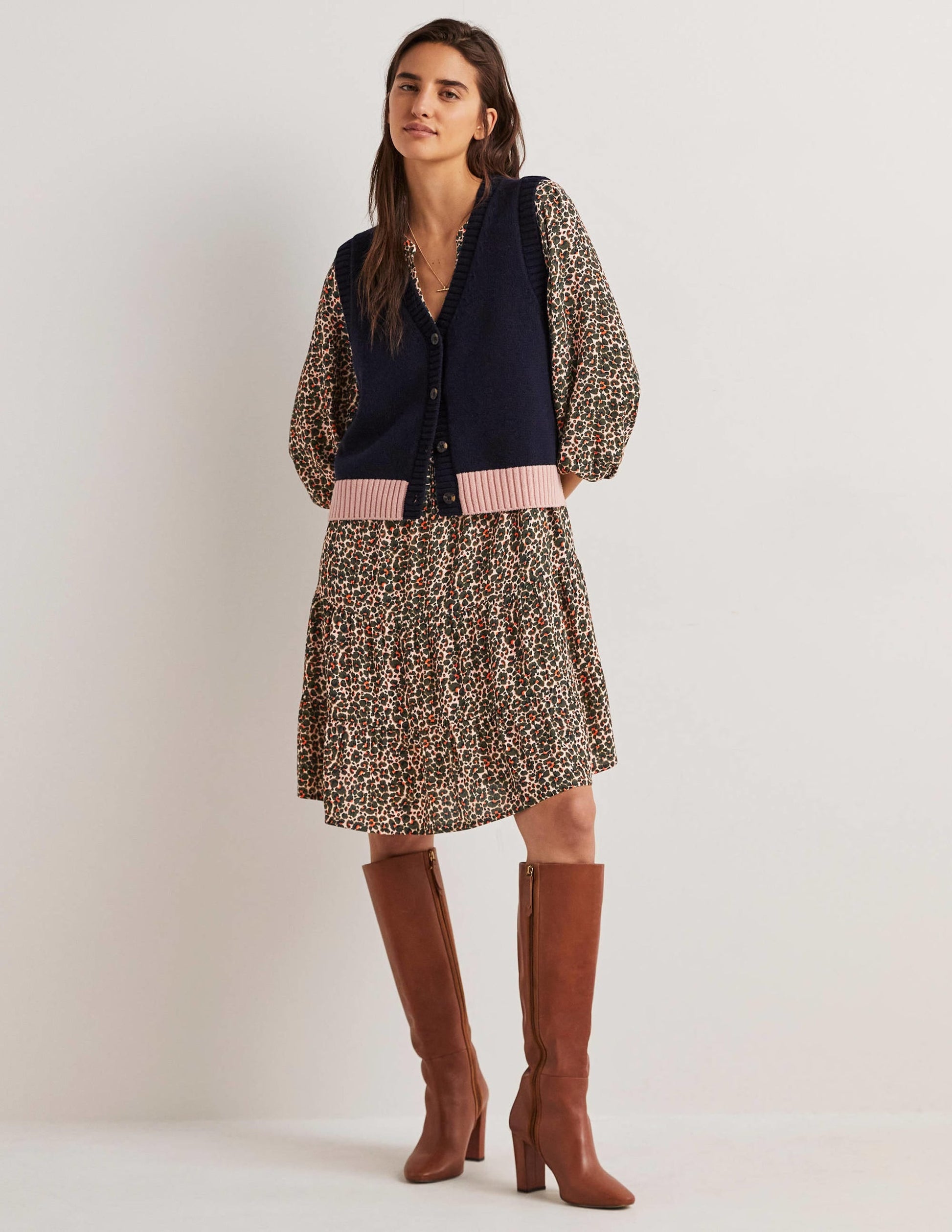 Notch Neck Tiered Dress-Milkshake, Abstract Bud-5