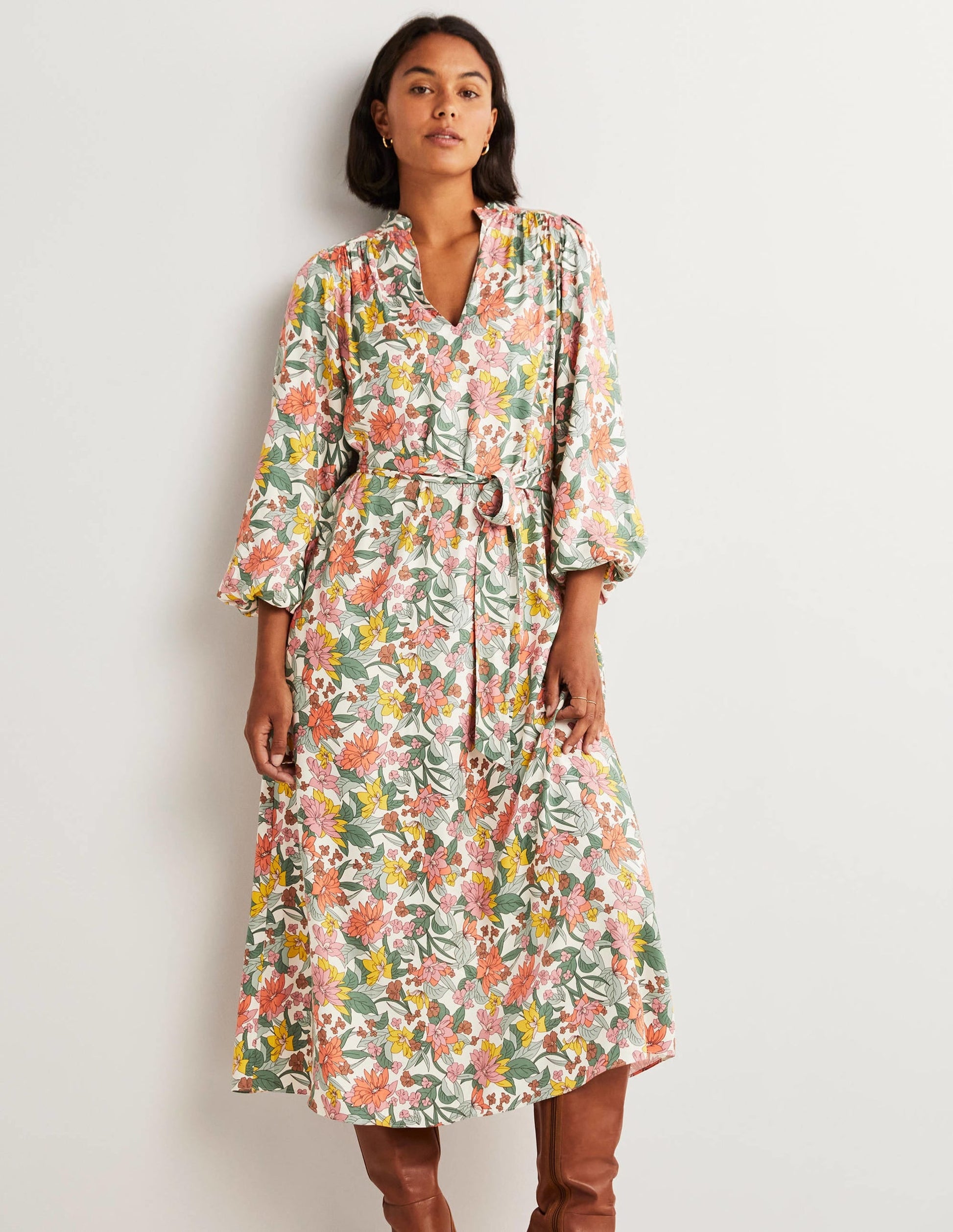 Notch Neck Blouson Midi Dress-Ivory, Botanical Vine-1