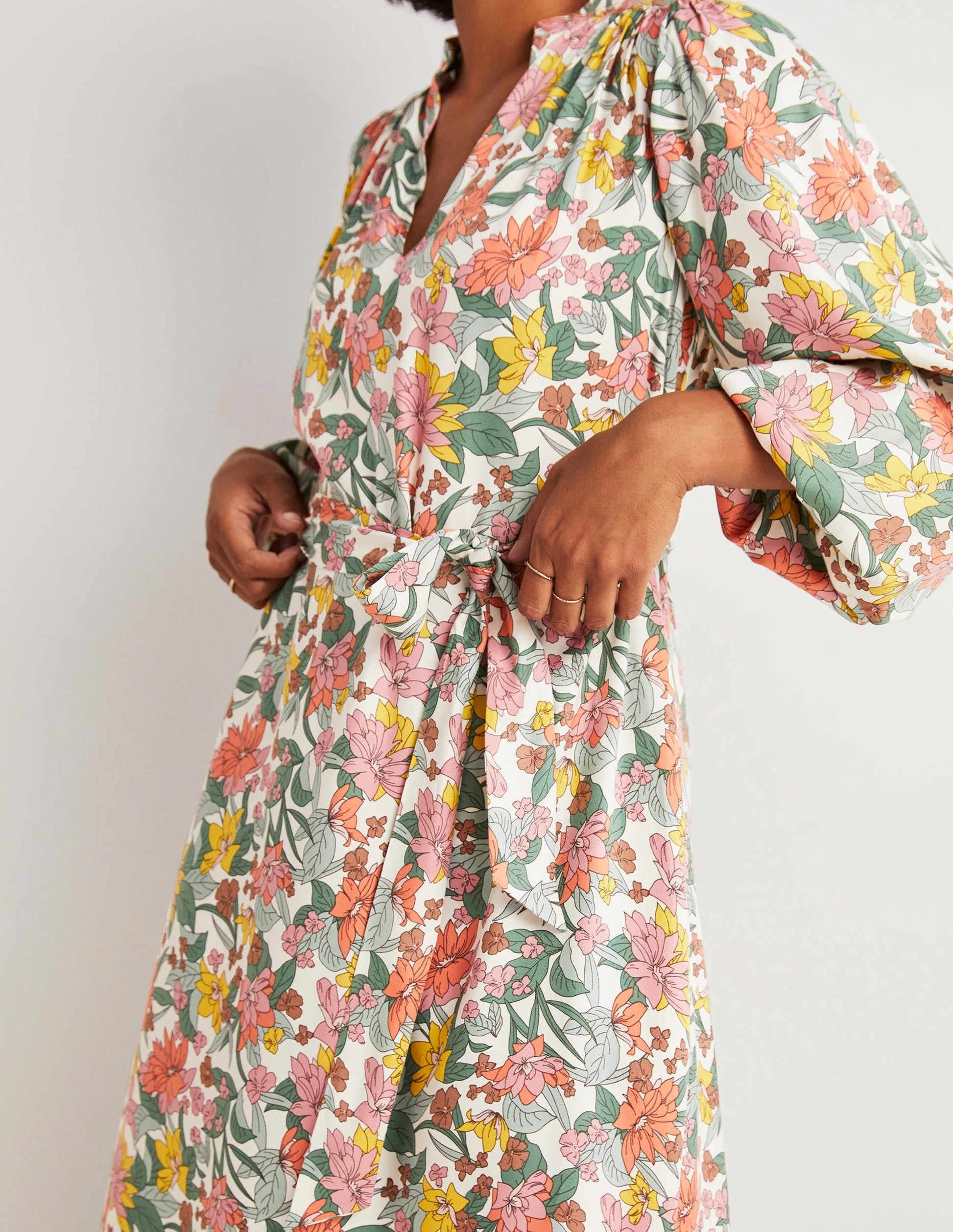 Notch Neck Blouson Midi Dress-Ivory, Botanical Vine-2