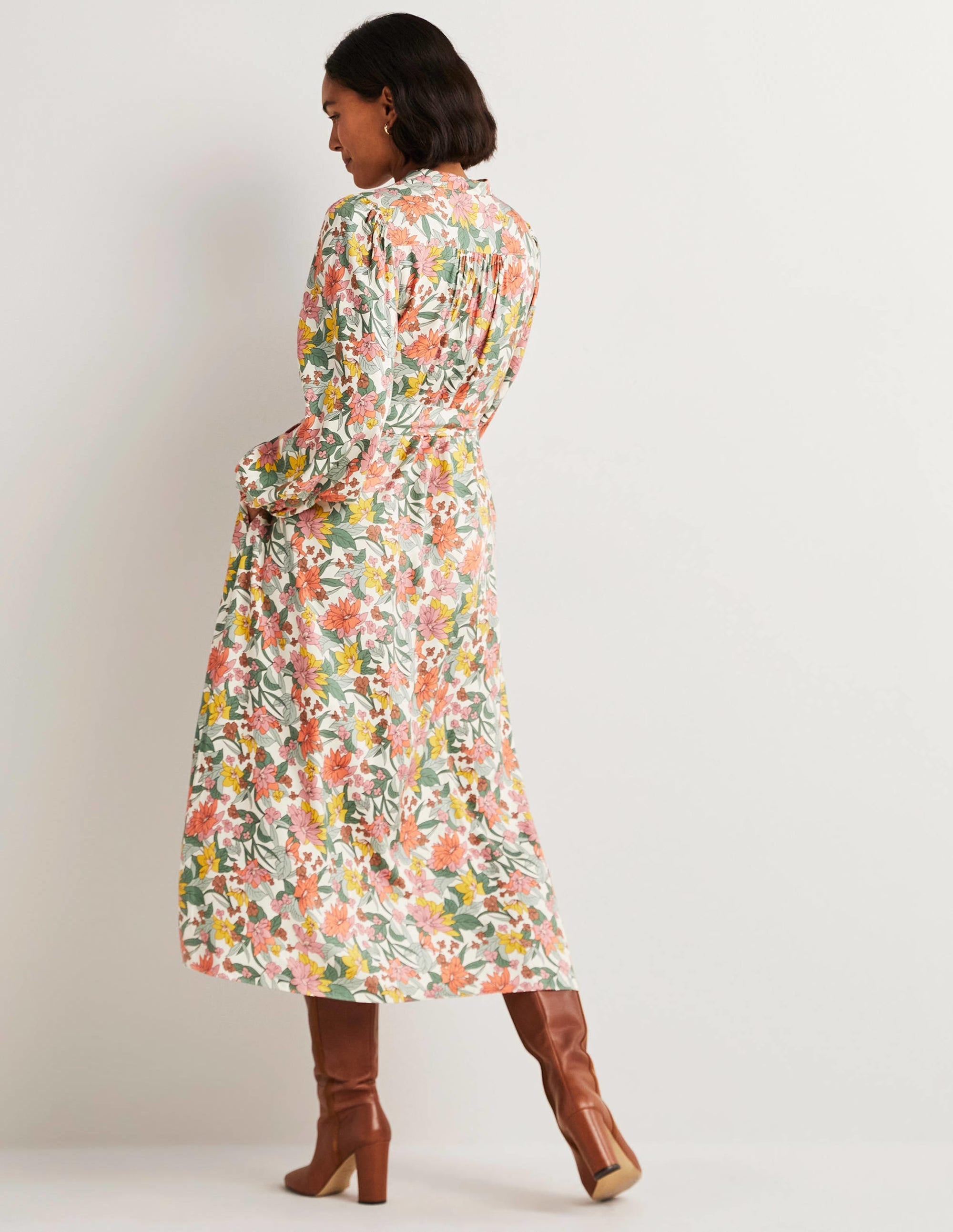 Notch Neck Blouson Midi Dress-Ivory, Botanical Vine - Image 3