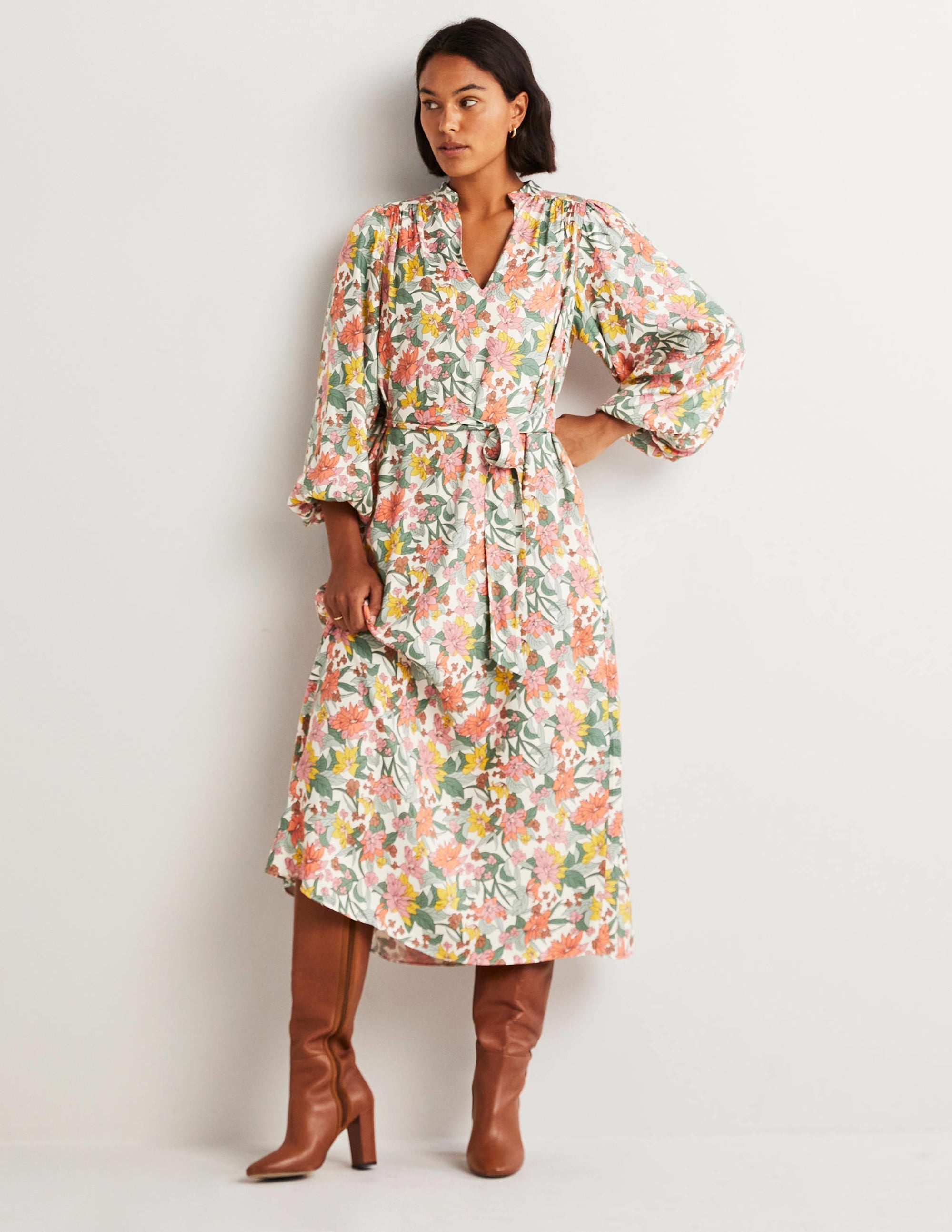 Notch Neck Blouson Midi Dress-Ivory, Botanical Vine - Image 5