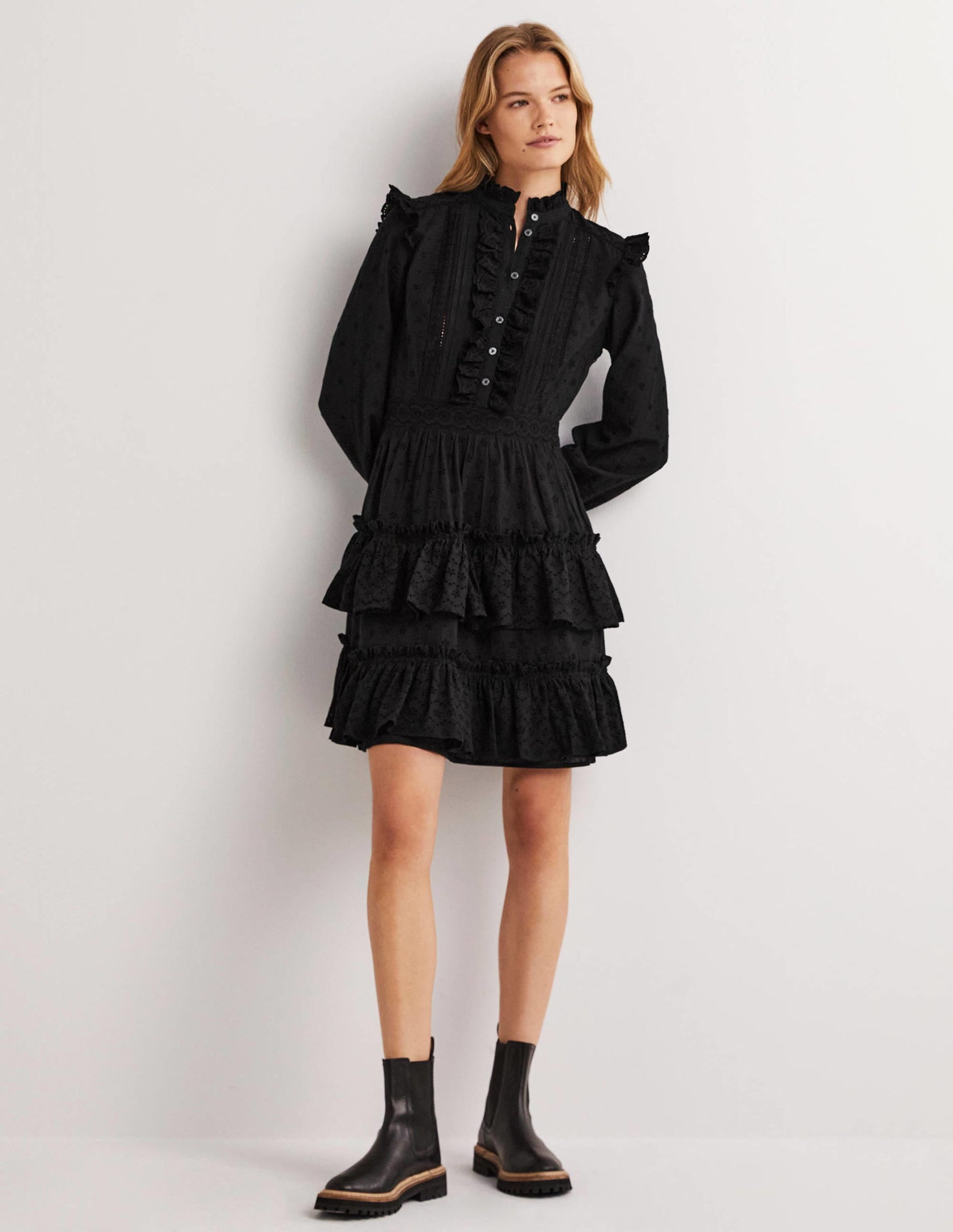 Mixed Broderie Shirt Dress-Black-1