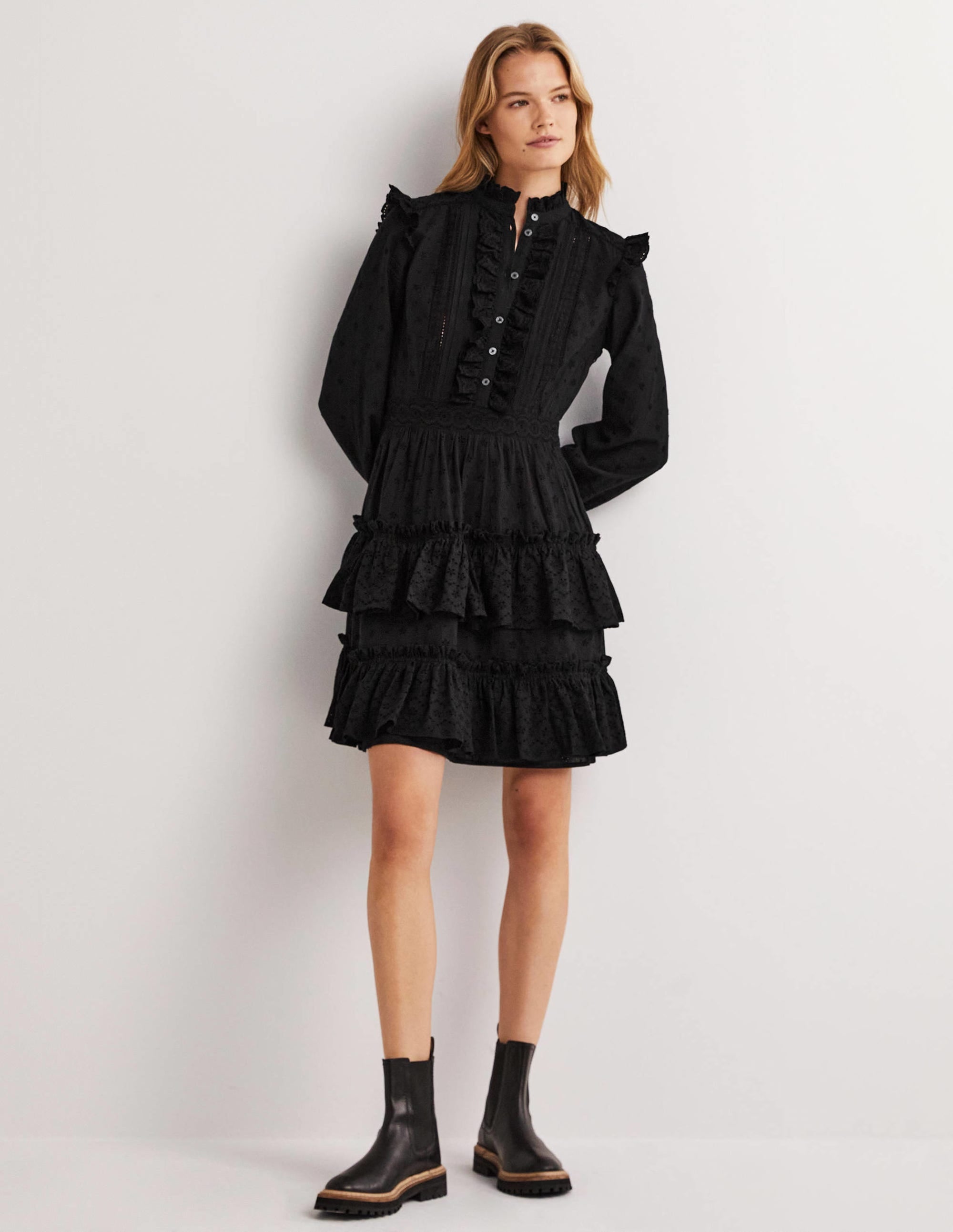 Mixed Broderie Shirt Dress-Black - Image 1