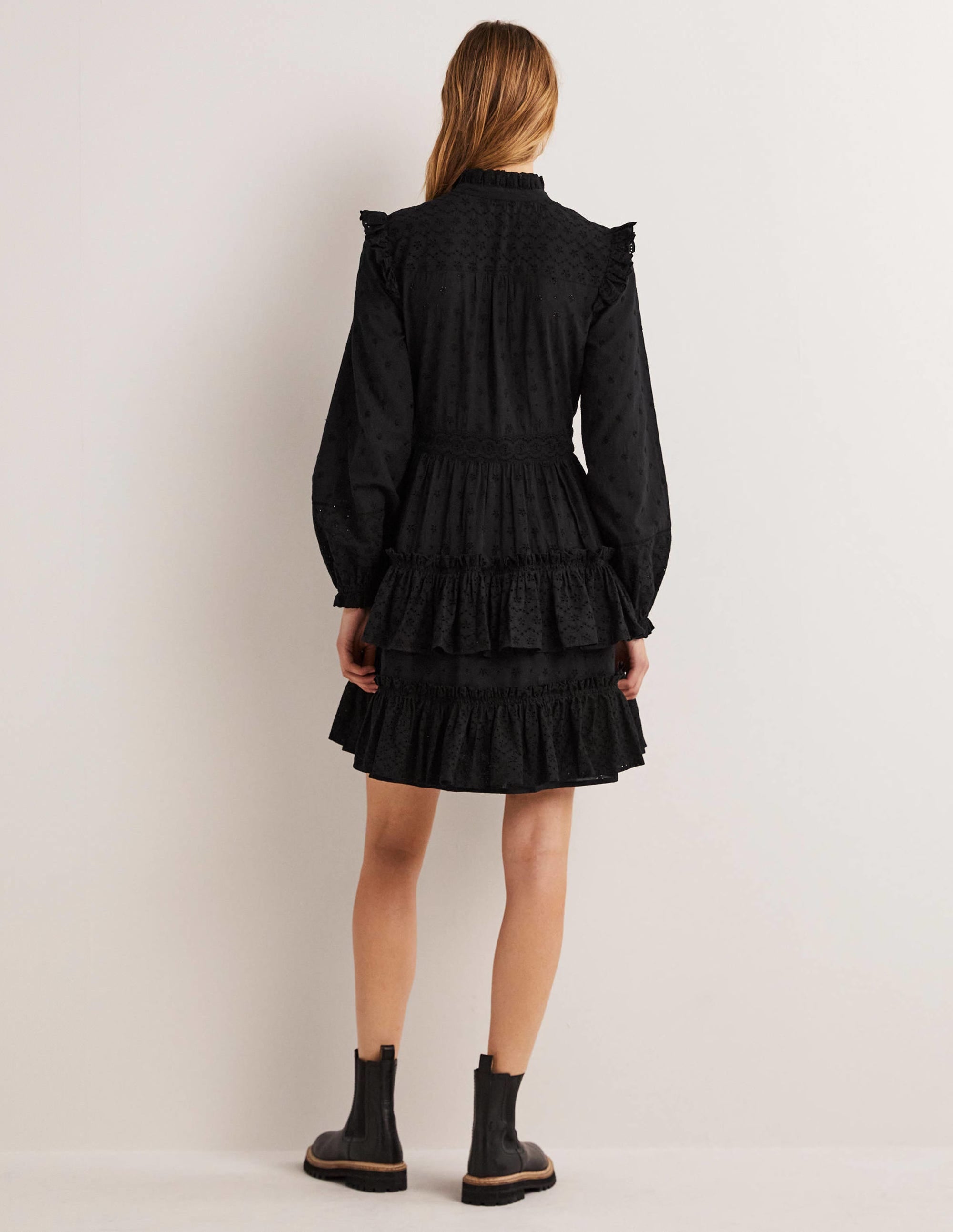 Mixed Broderie Shirt Dress-Black - Image 3
