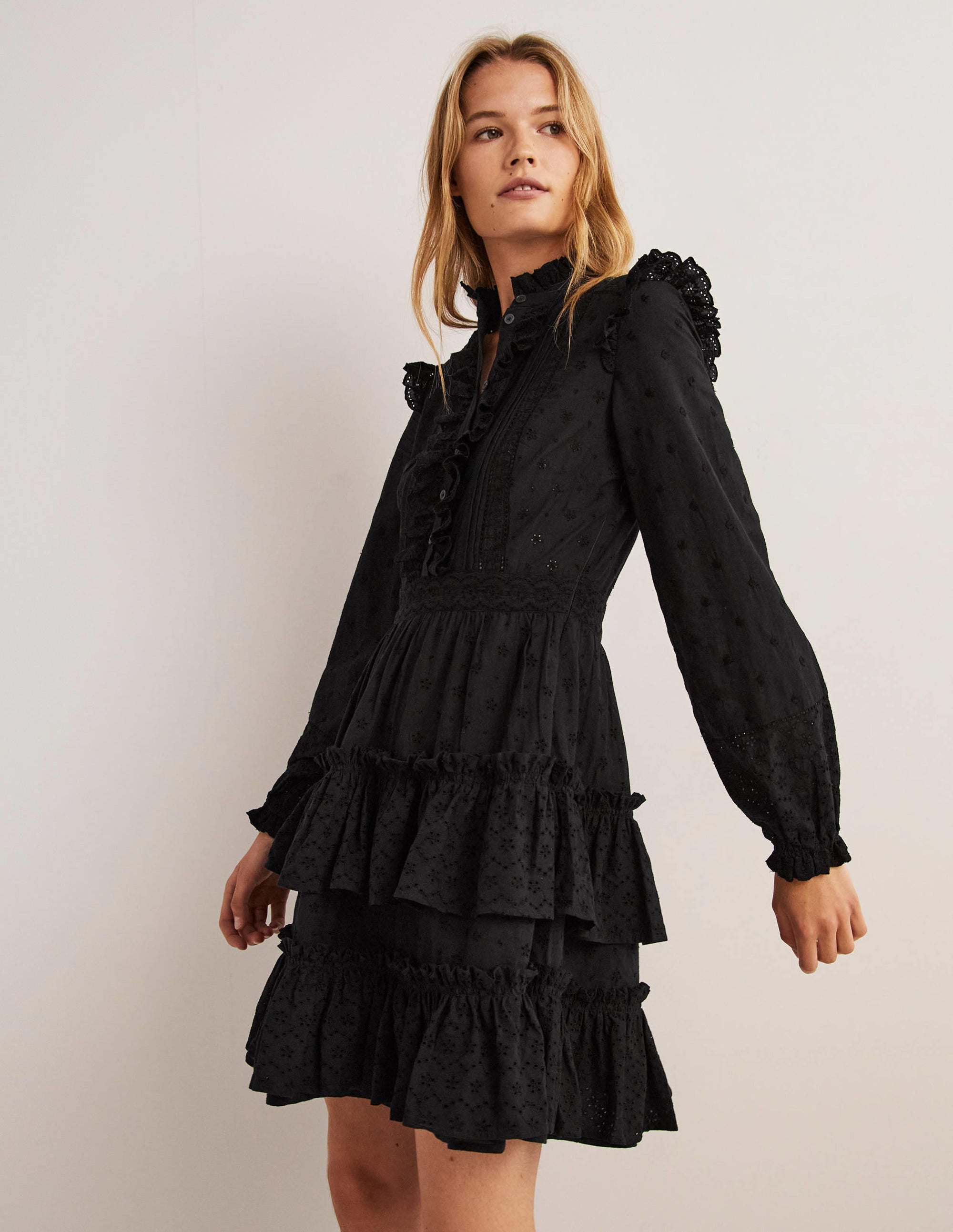 Mixed Broderie Shirt Dress-Black - Image 4