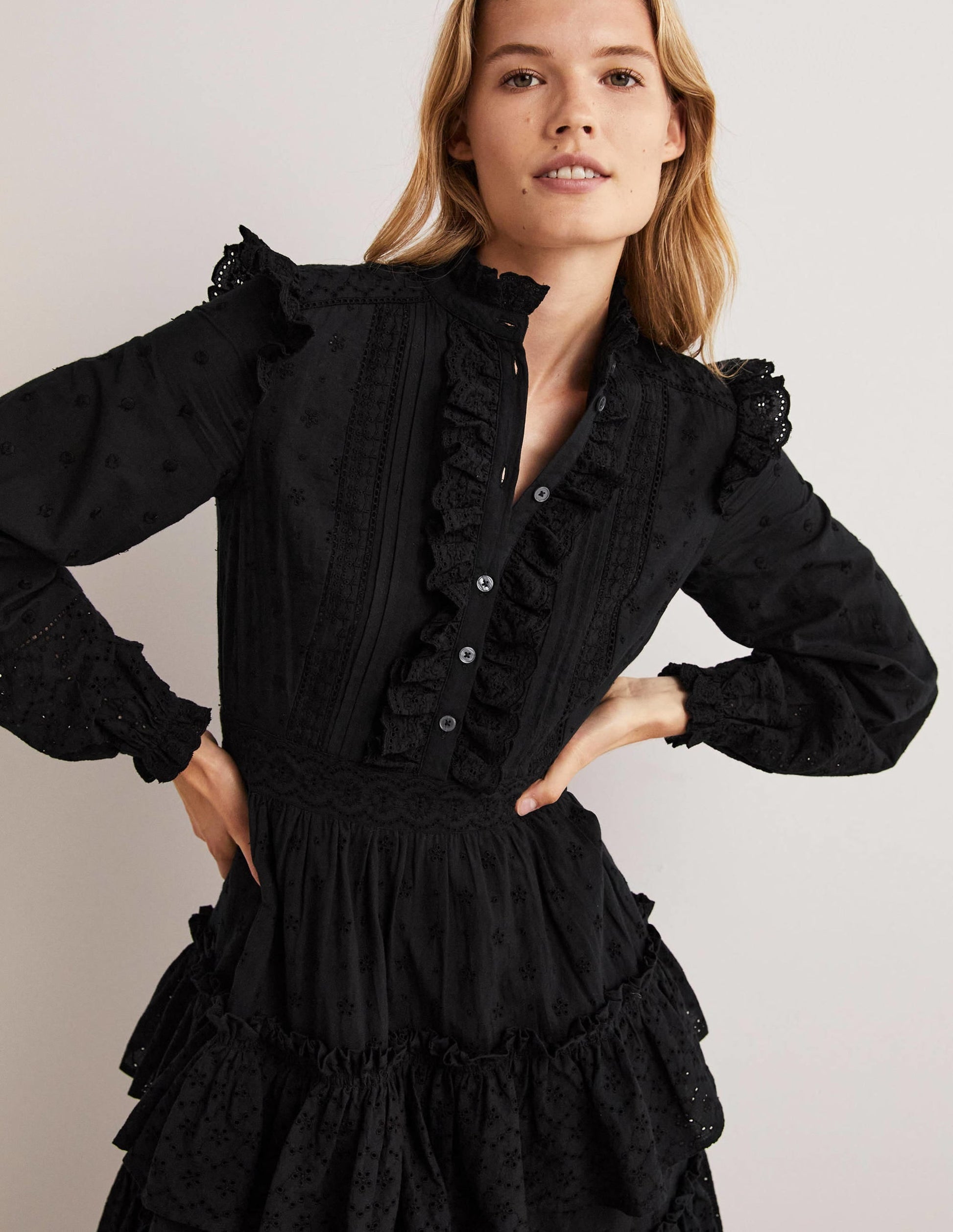 Mixed Broderie Shirt Dress-Black-5