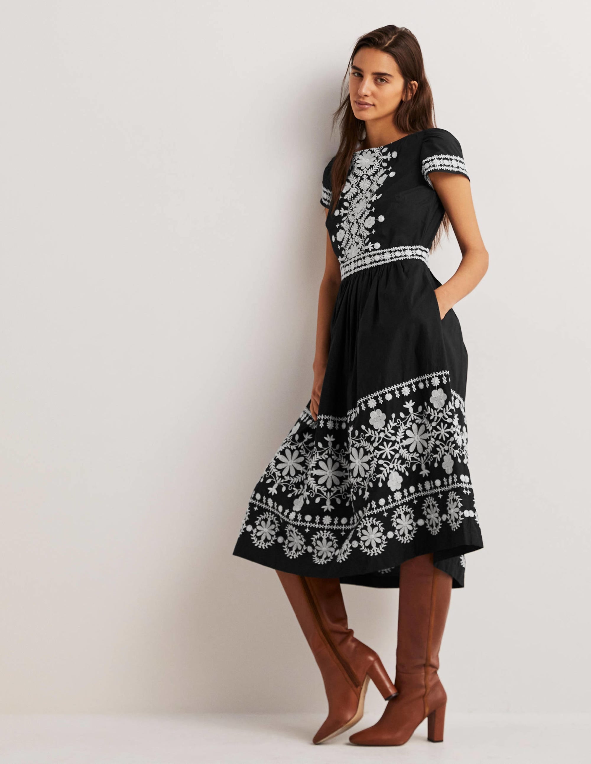 Embroidered Detail Midi Dress-Black - Image 1