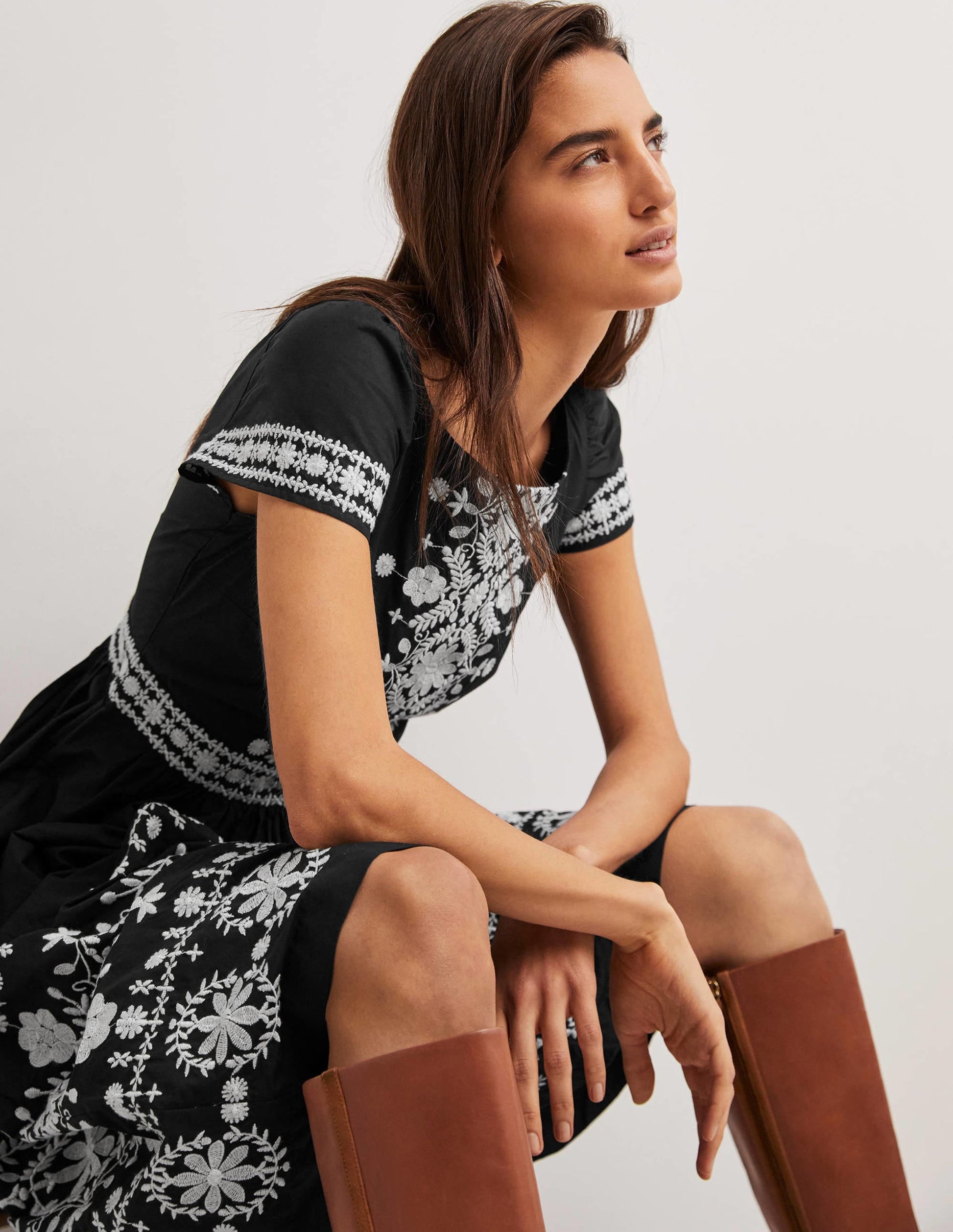Embroidered Detail Midi Dress-Black-4