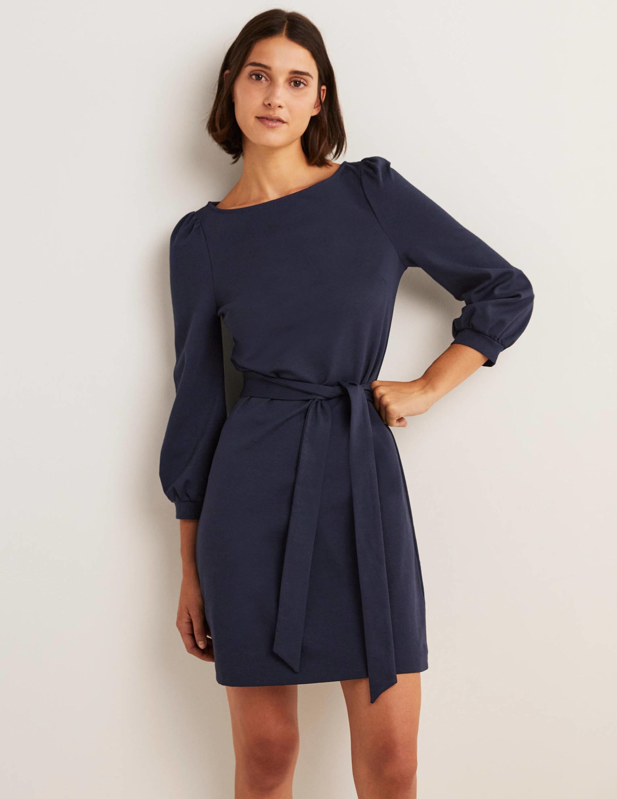 Tie Detail Jersey Shift Dress-Navy - Image 1