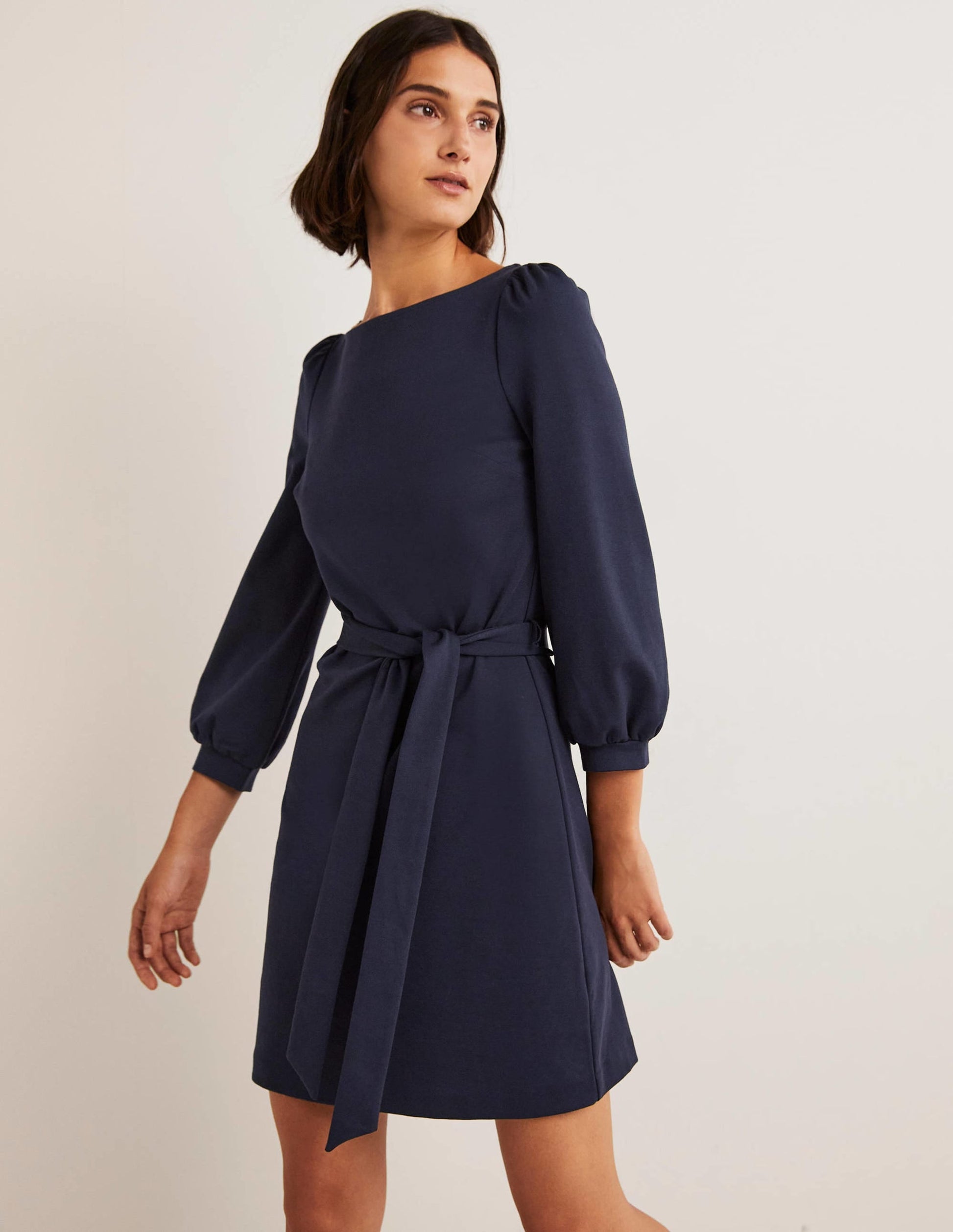Tie Detail Jersey Shift Dress-Navy-4