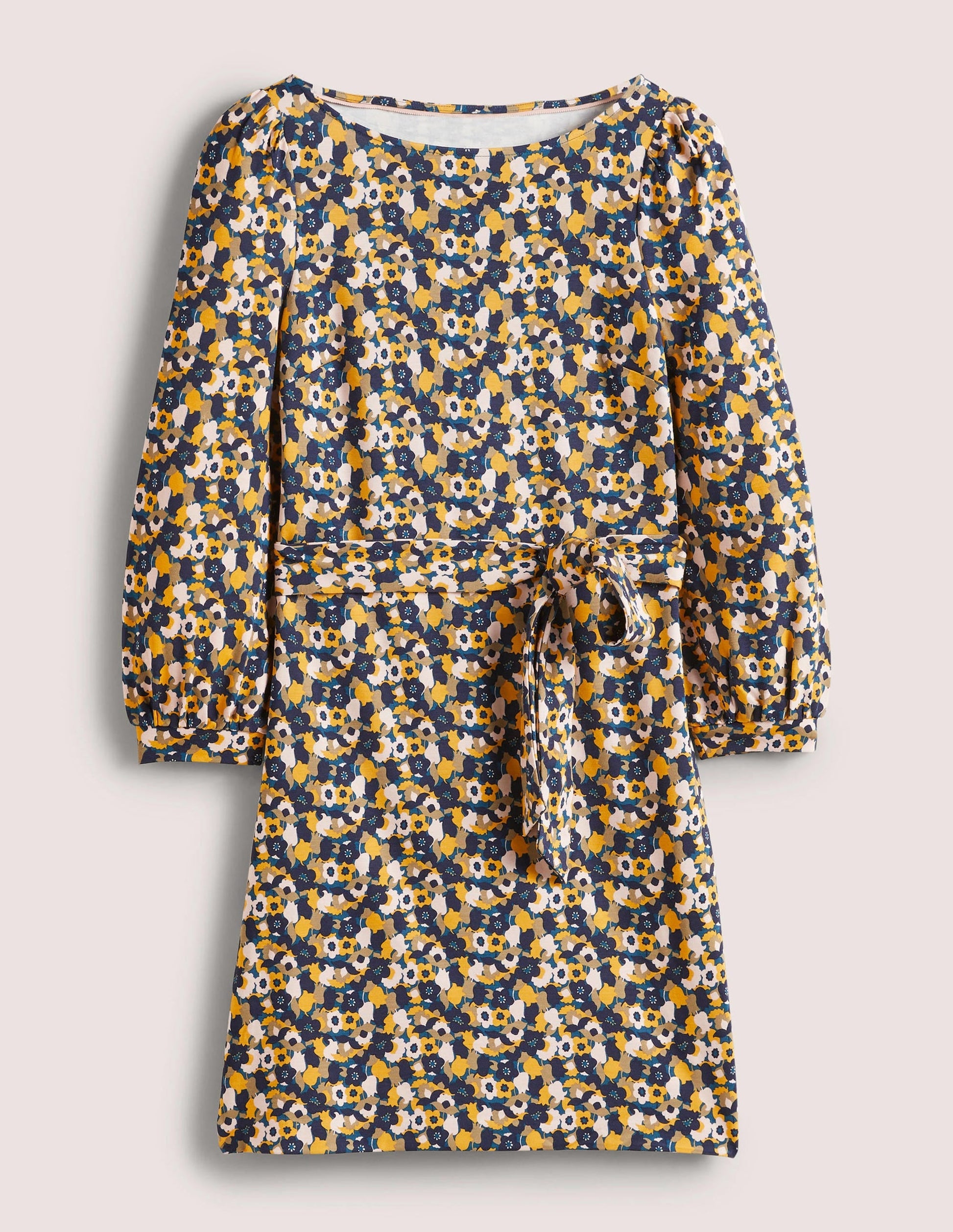Tie Detail Jersey Shift Dress-Navy, Tulip Cluster-5