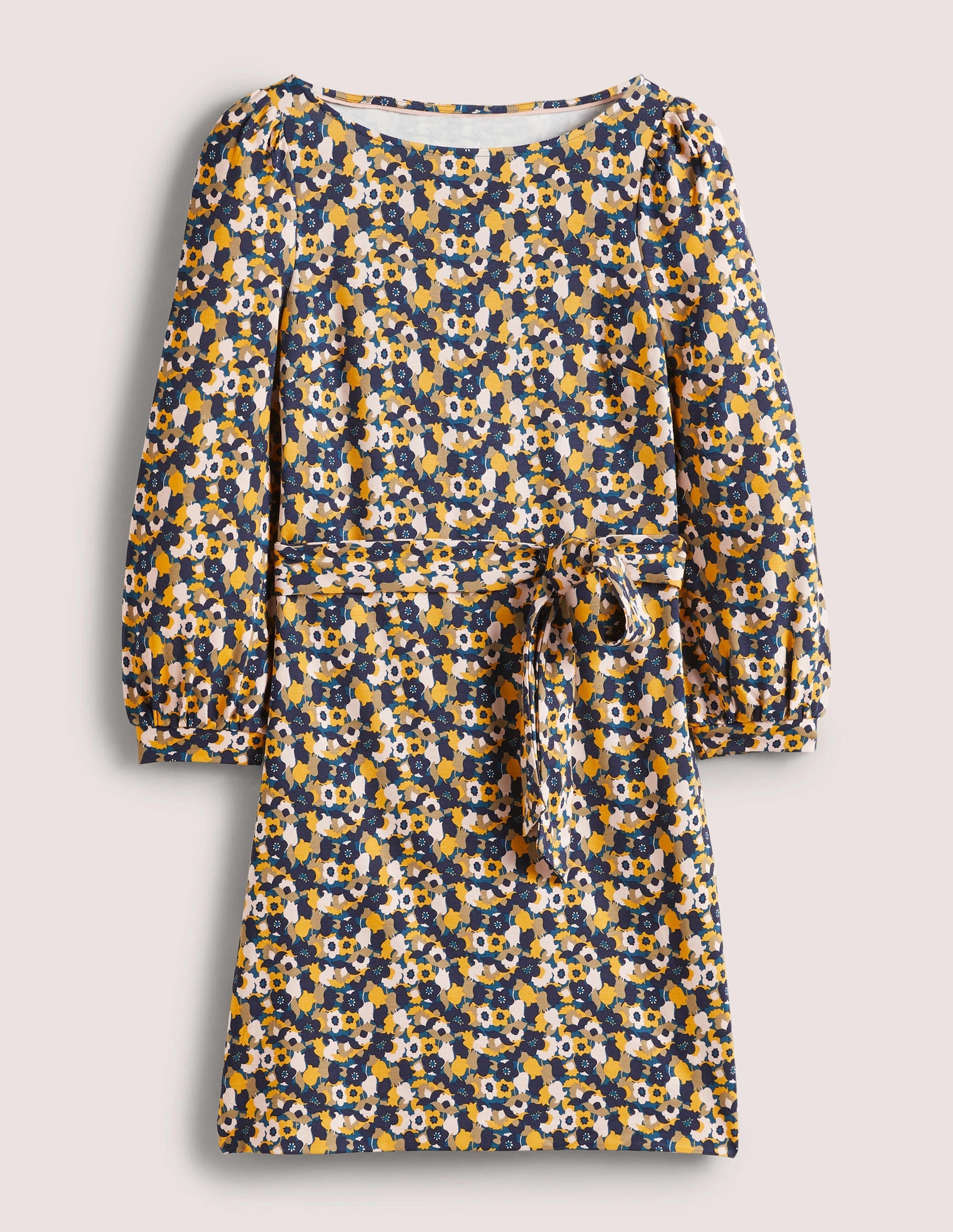 Tie Detail Jersey Shift Dress-Navy, Tulip Cluster - Image 5