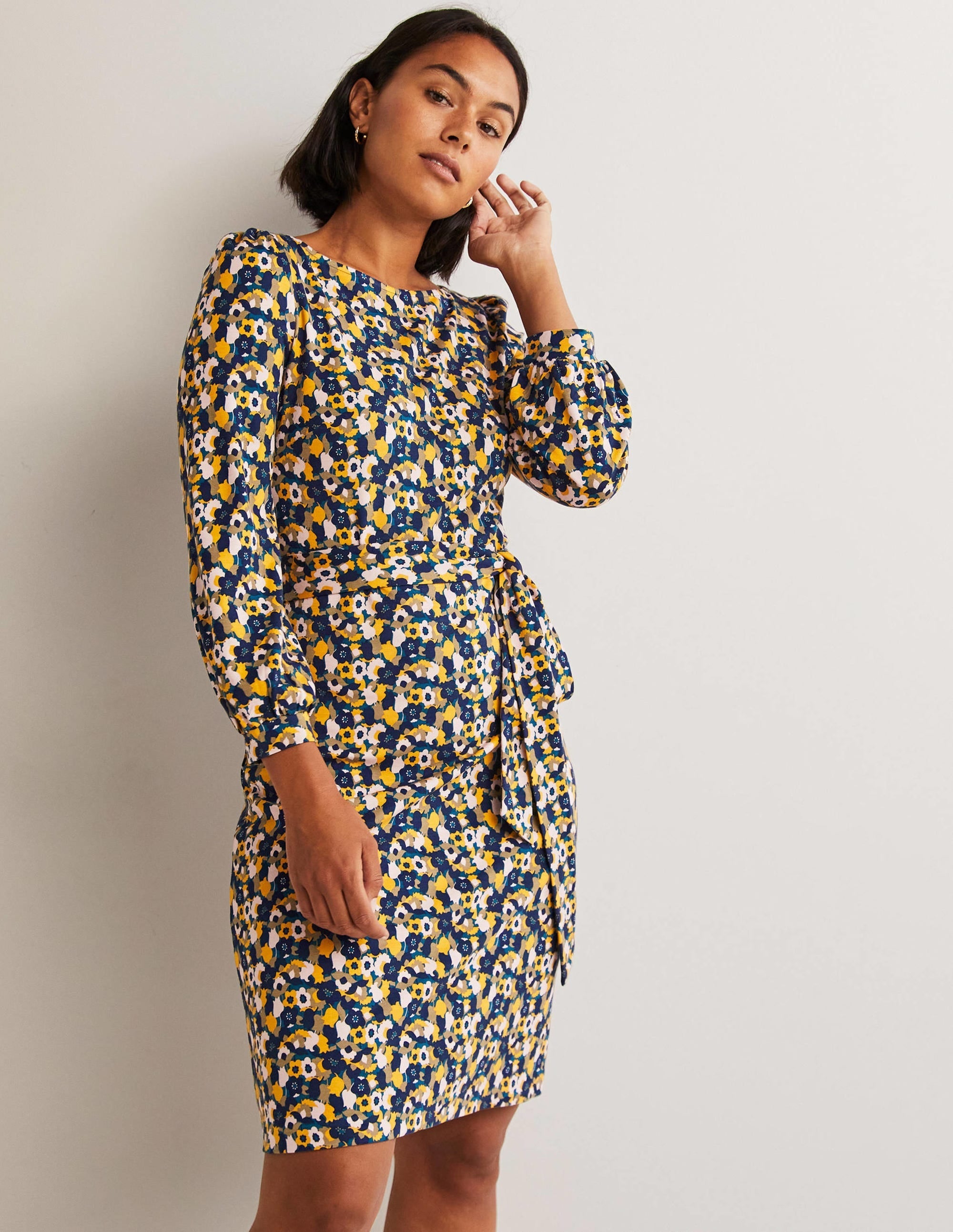 Tie Detail Jersey Shift Dress-Navy, Tulip Cluster - Image 1