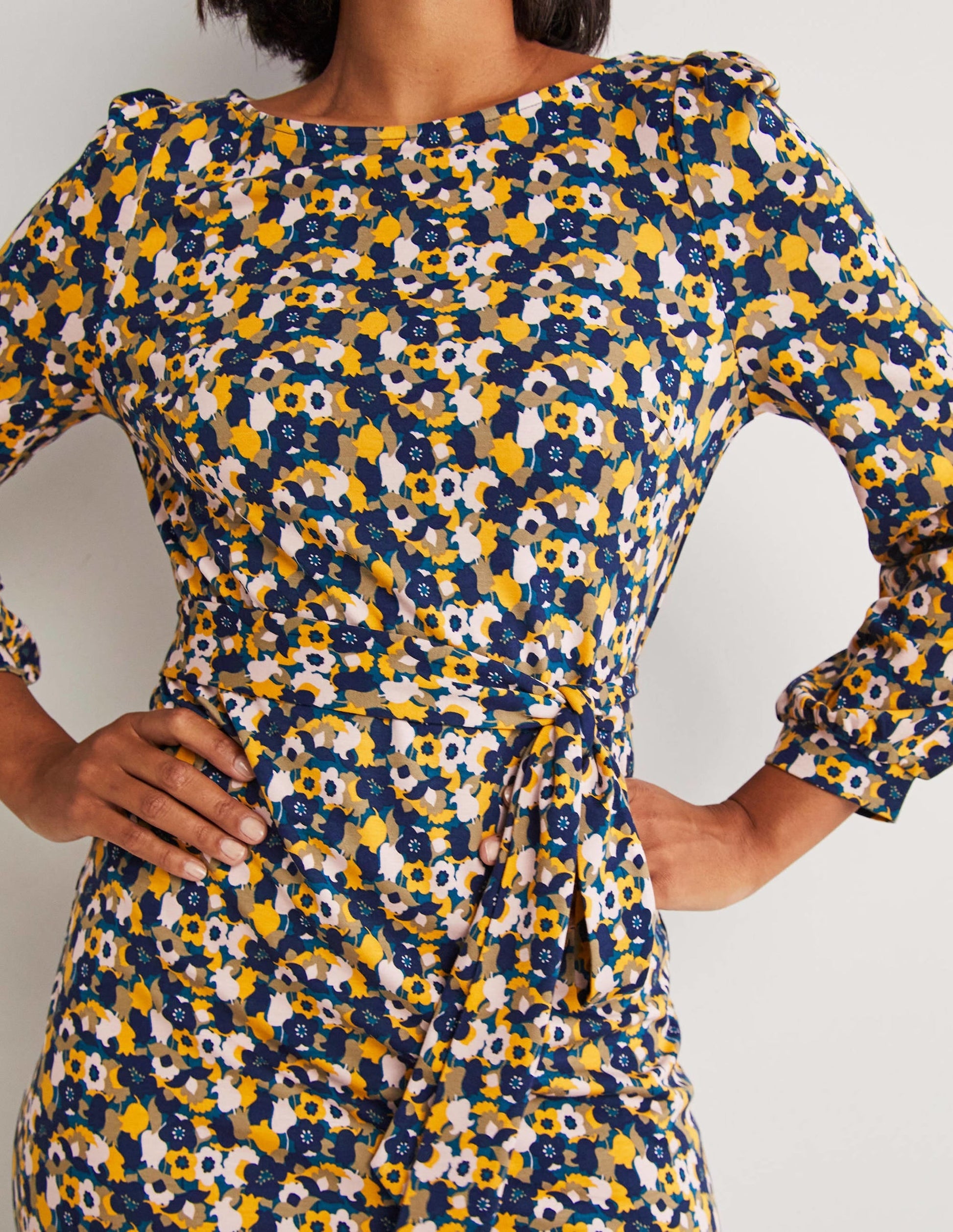 Tie Detail Jersey Shift Dress-Navy, Tulip Cluster-2